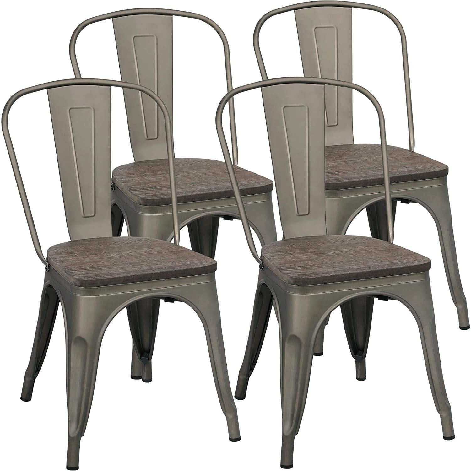 Metal Dining Chairs Set Of 4 Gun Metal With Wooden Seats