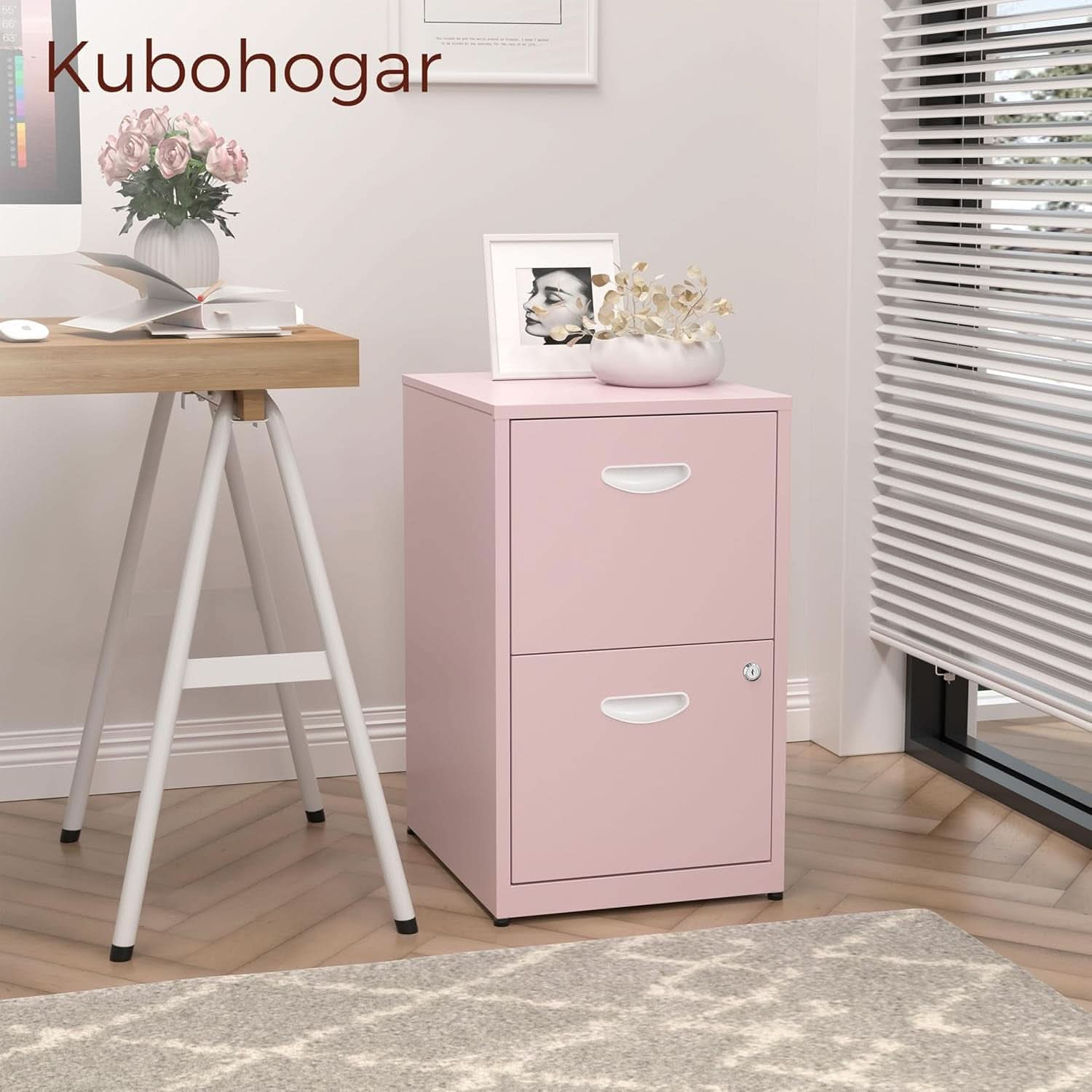 Metal Pink 2 Drawer Locking File Cabinet For Hanging Files Letter A4 Documents Compact