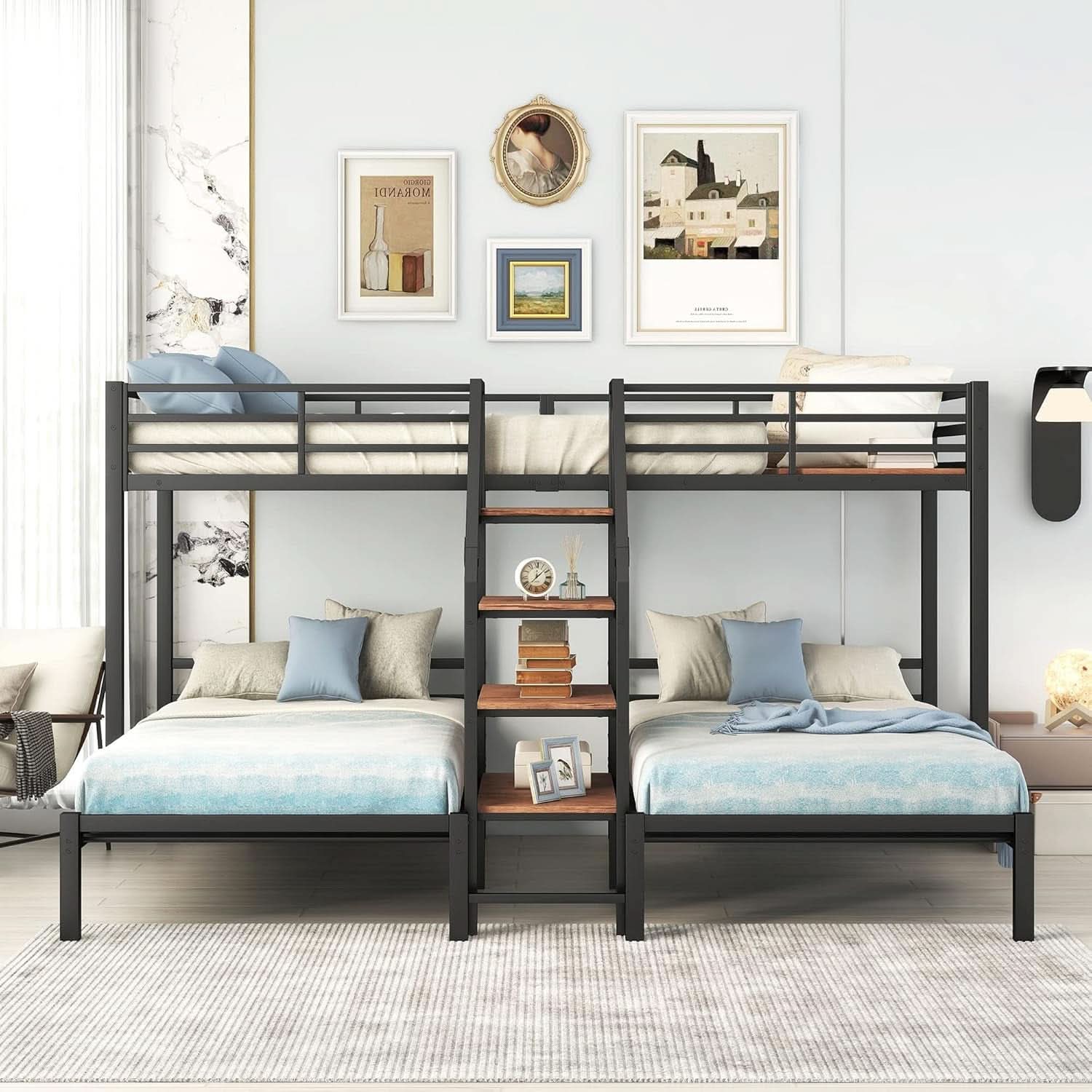 Metal Triple Bunk Bed Twin Over Twin With Staircase Black