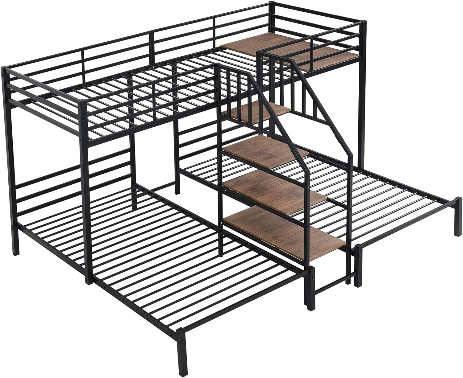 Metal Triple Bunk Bed Twin Over Twin With Staircase Black