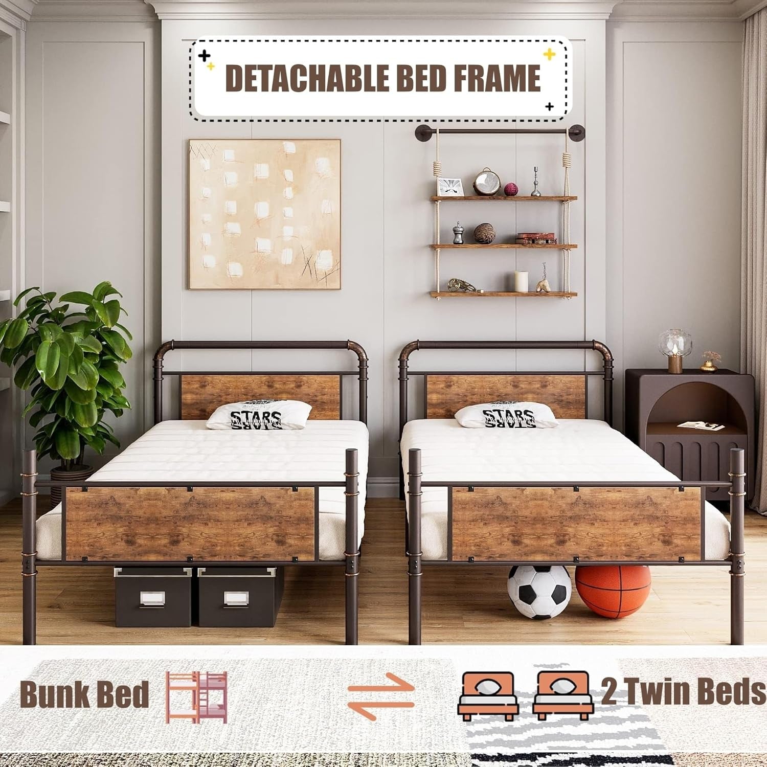 Metal Twin Over Twin Bunk Bed For Kids Heavy Duty Vintage Brown