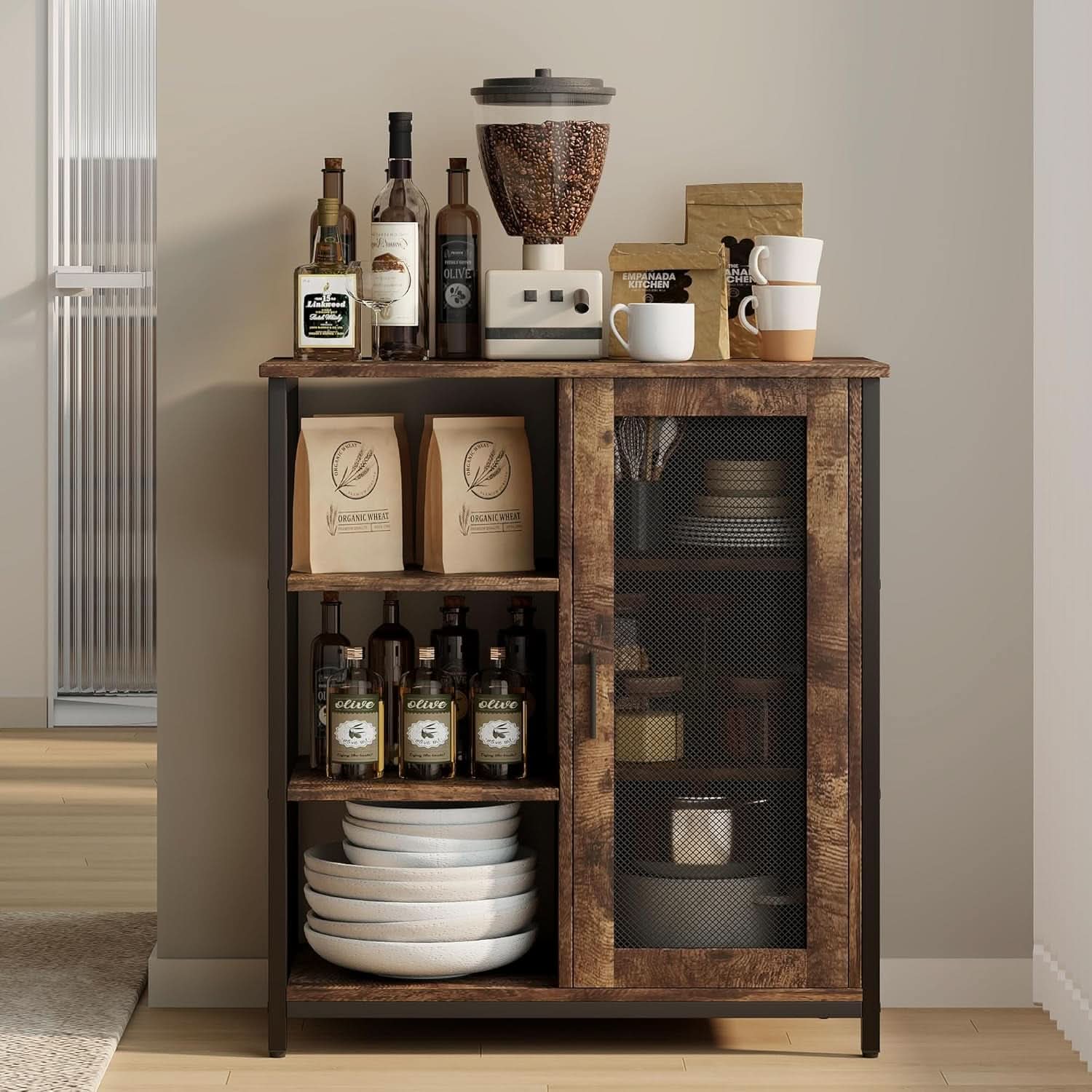 Mini Coffee Bar Cabinet 27.5 Inch Brown Finish Storage Unit