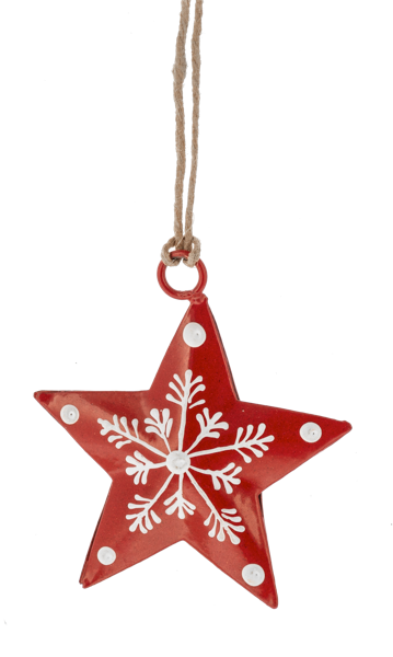 Mini Metal Star Ornament  - Red With White Snowflake