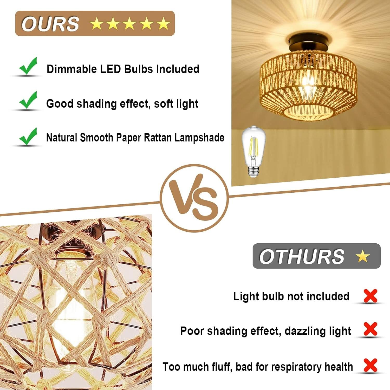 Mini Rattan Ceiling Light Fixture With Dimmable LED Bulb