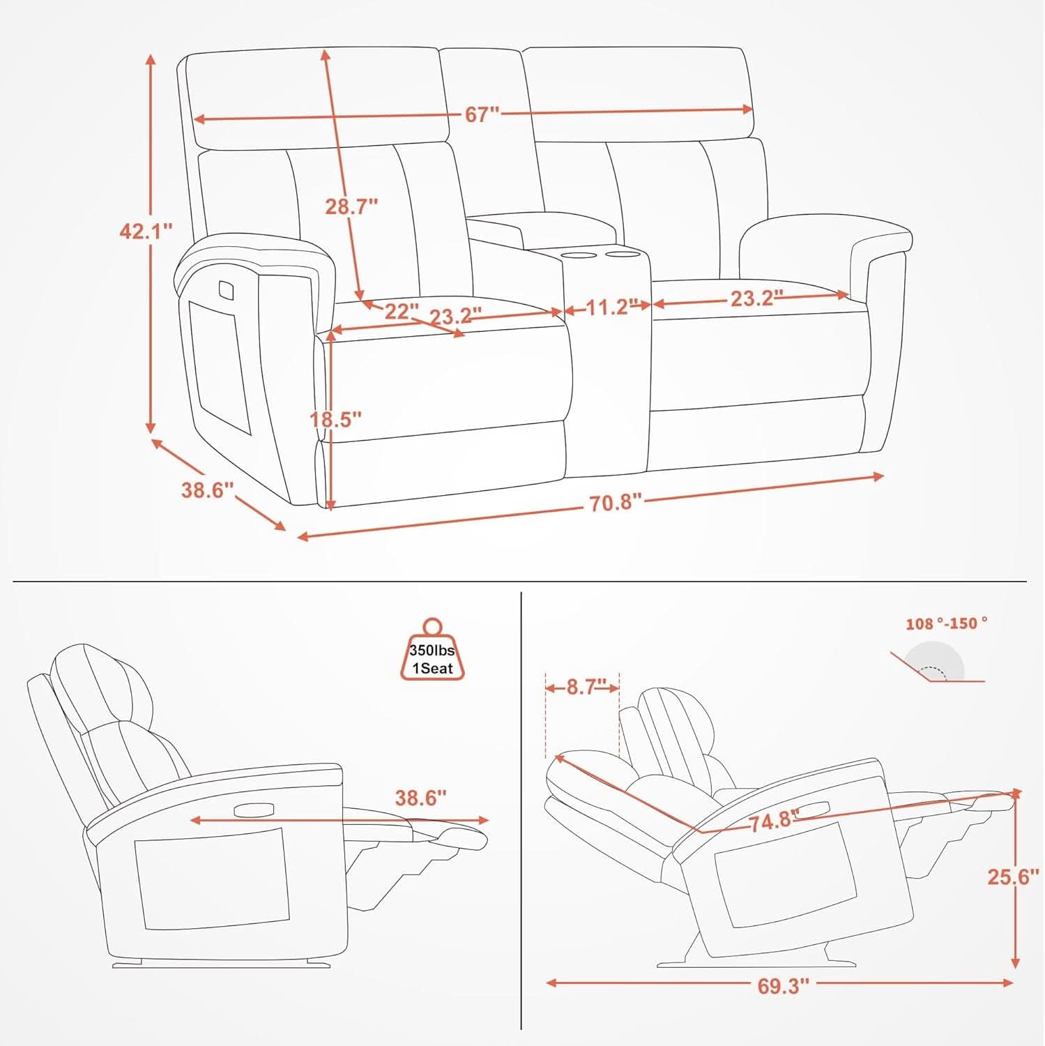 Mocha Power Recliner Loveseat With Massaging For Living Room Comfort