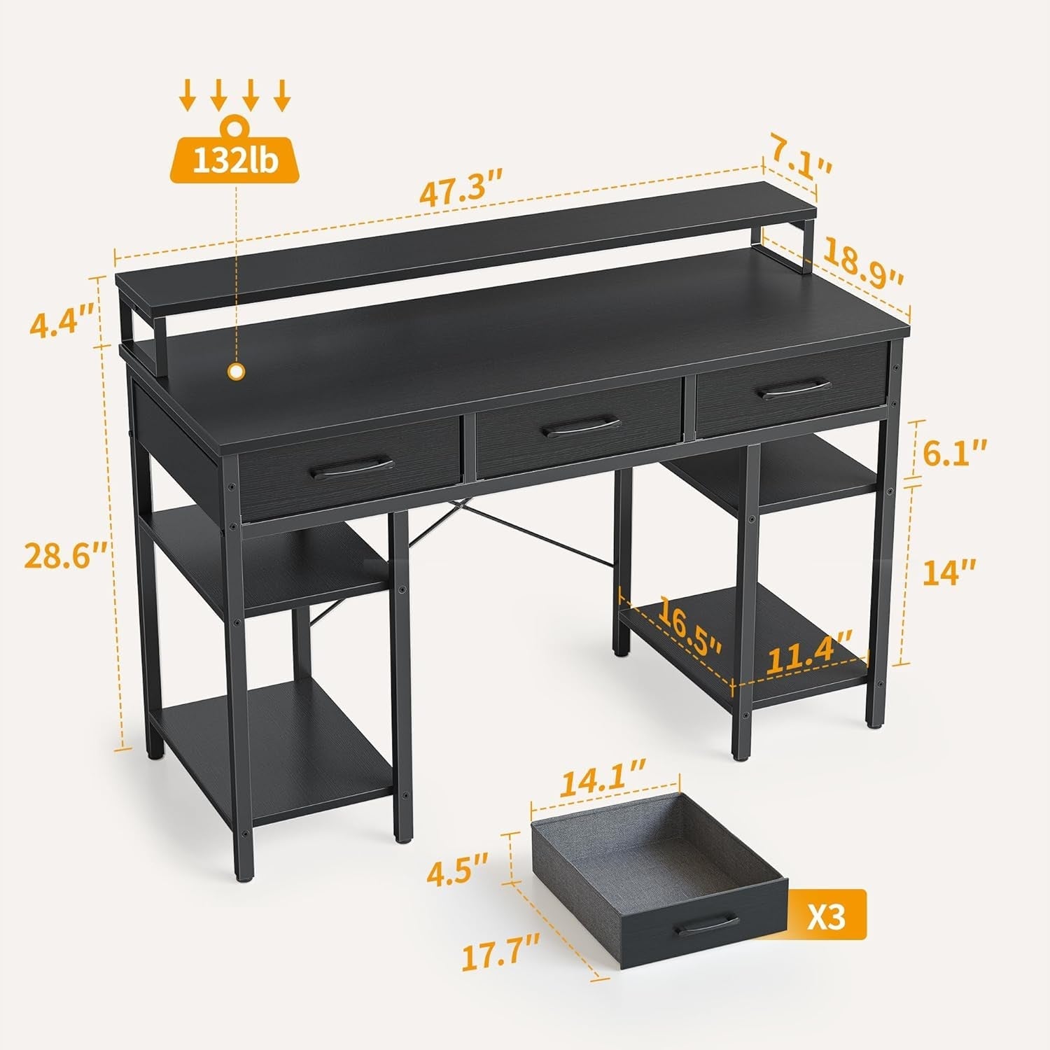 Modern 47 Inch Computer Desk With Storage And Drawers