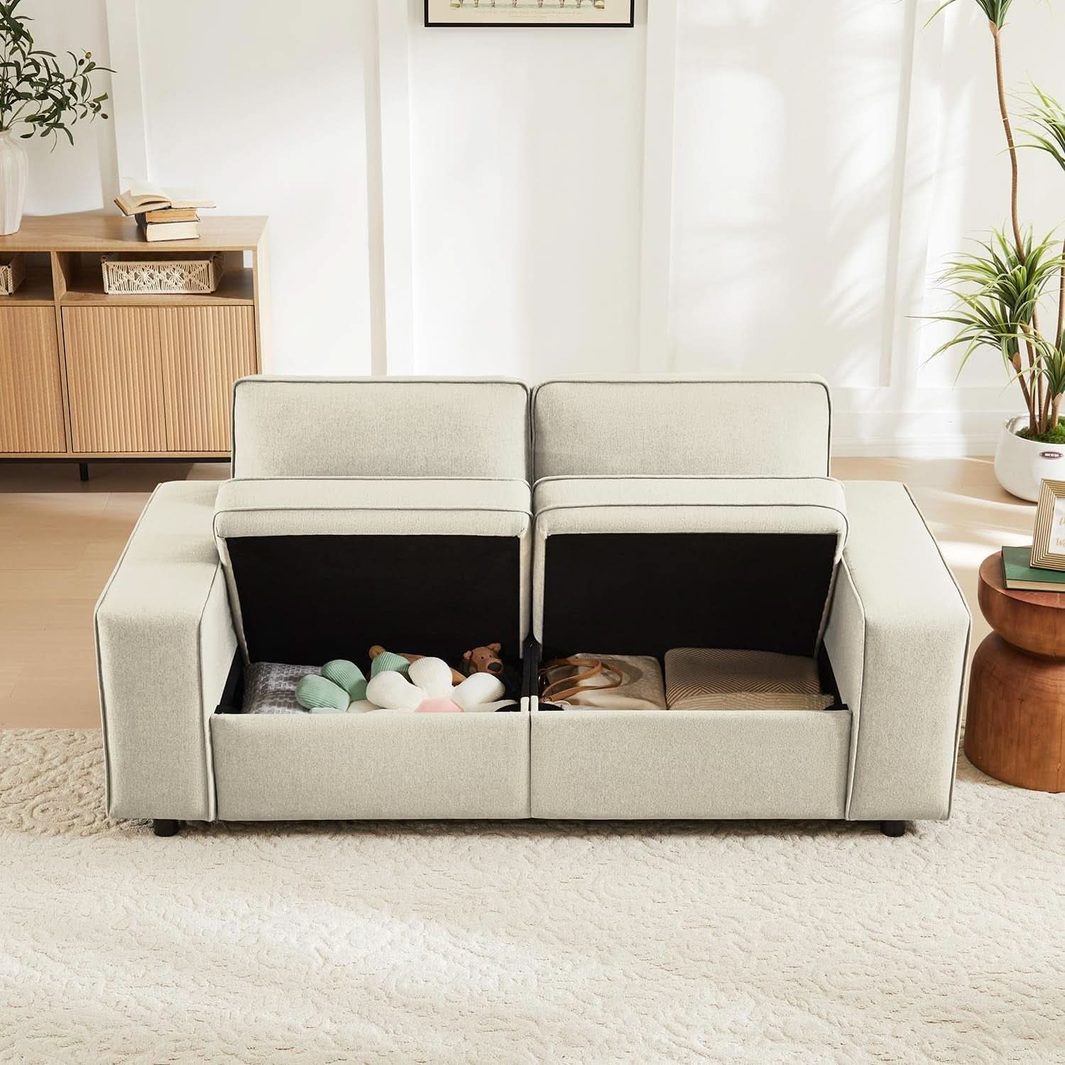 Modern Beige 2-Seater Sofa with Storage and USB Ports