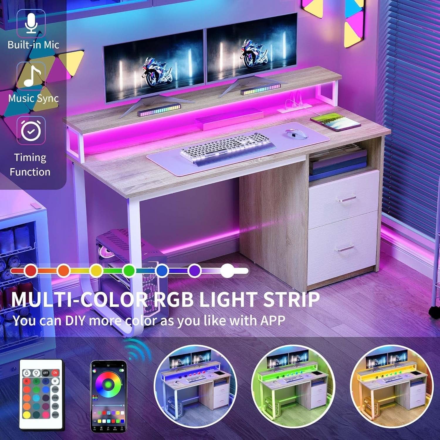 Modern Computer Desk with Drawers Power Outlets LED Light