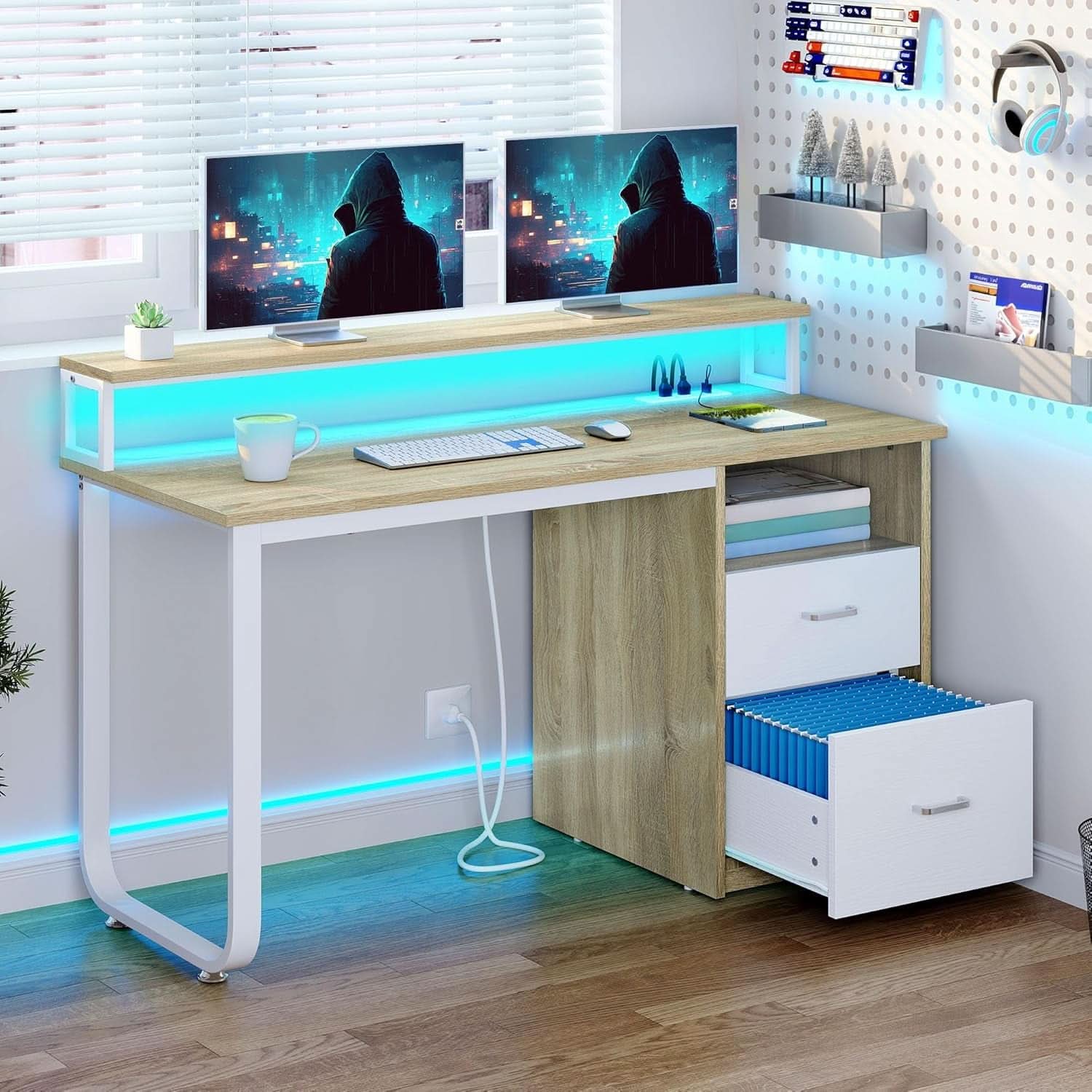 Modern Computer Desk with Drawers Power Outlets LED Light