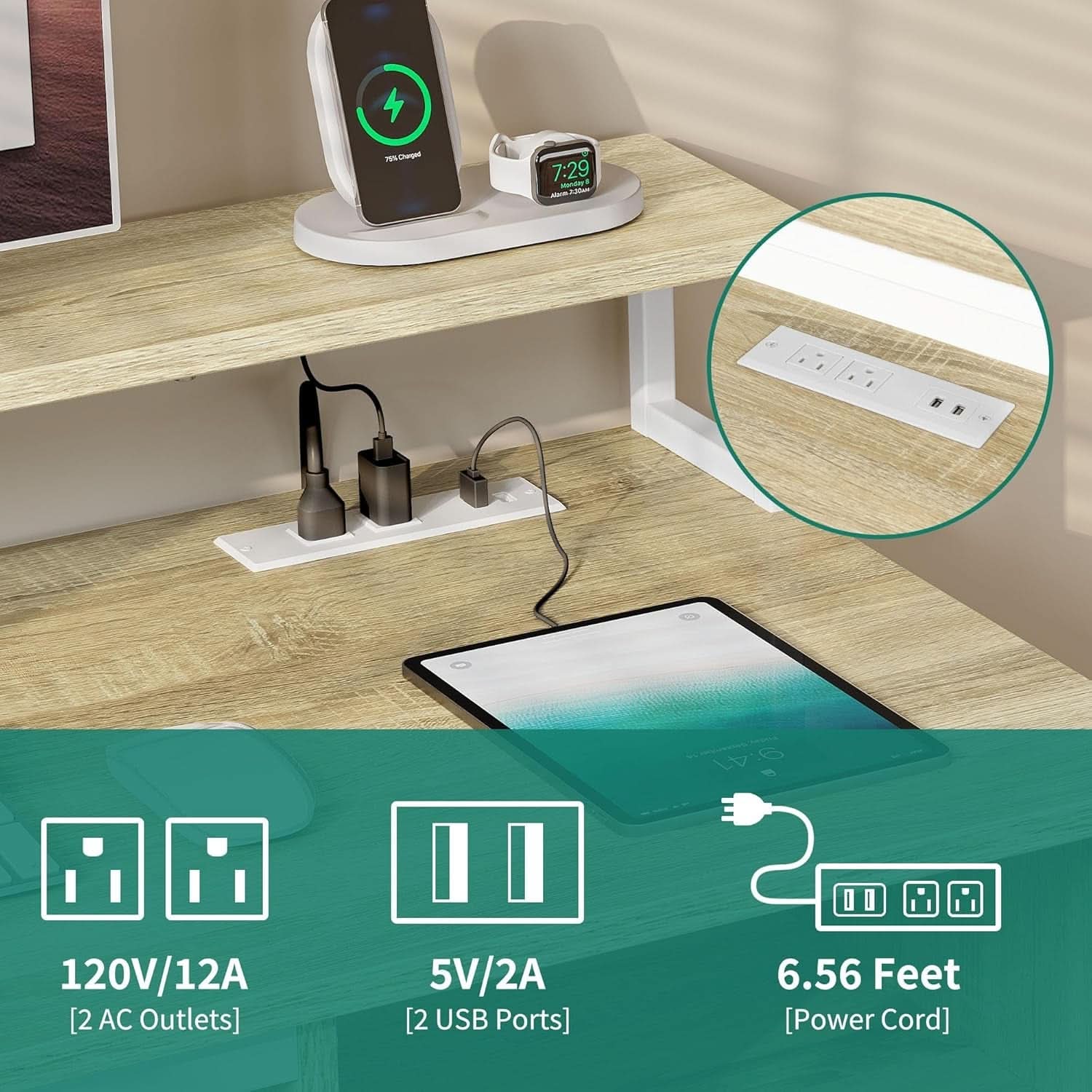 Modern Computer Desk with Drawers Power Outlets LED Light