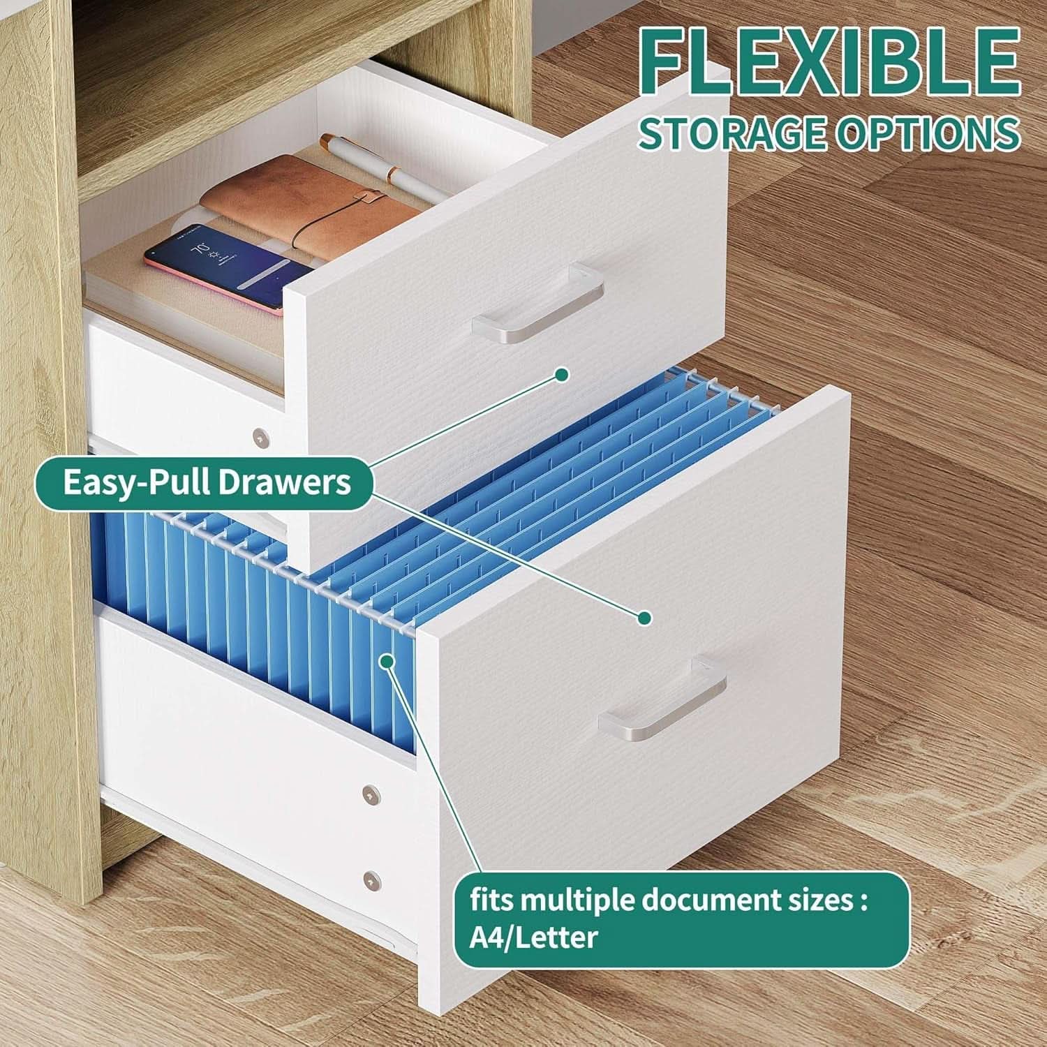 Modern Computer Desk with Drawers Power Outlets LED Light