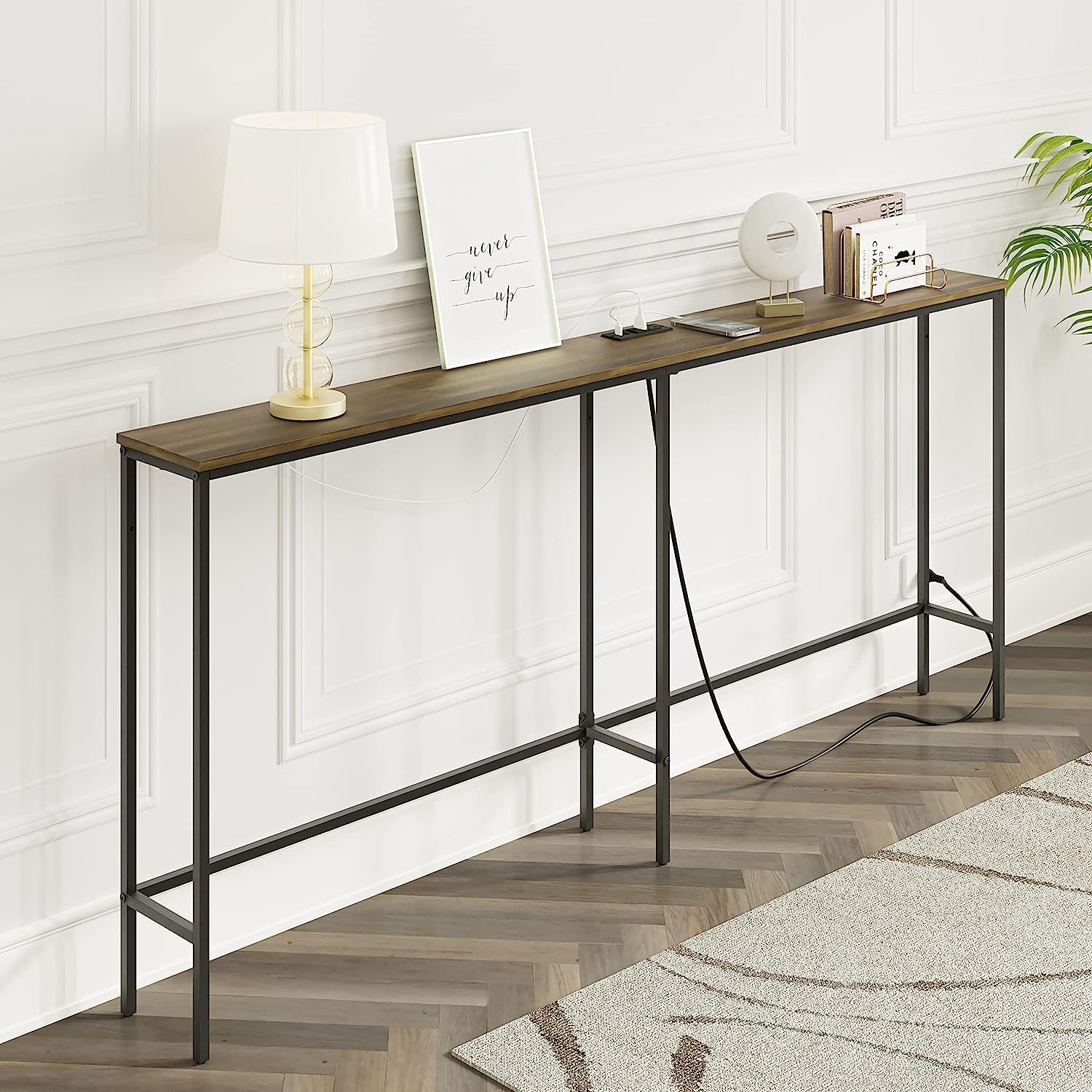 Modern Console Table With Power Outlet And Gold Metal Frame