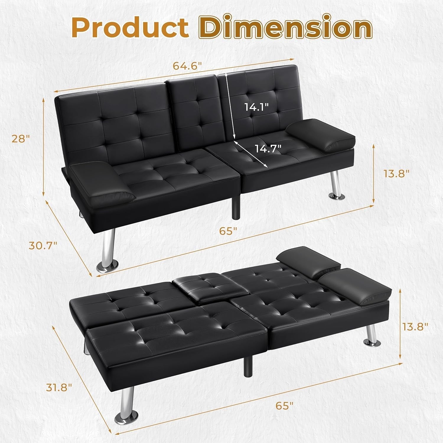Modern Faux Leather Convertible Sofa Bed with Cup Holders