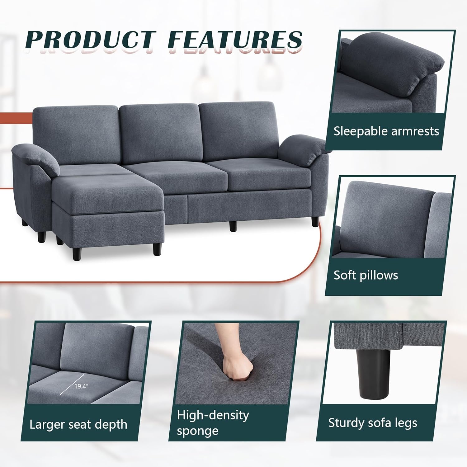 Modern Gray Linen Sectional Sofa For Living Room Set