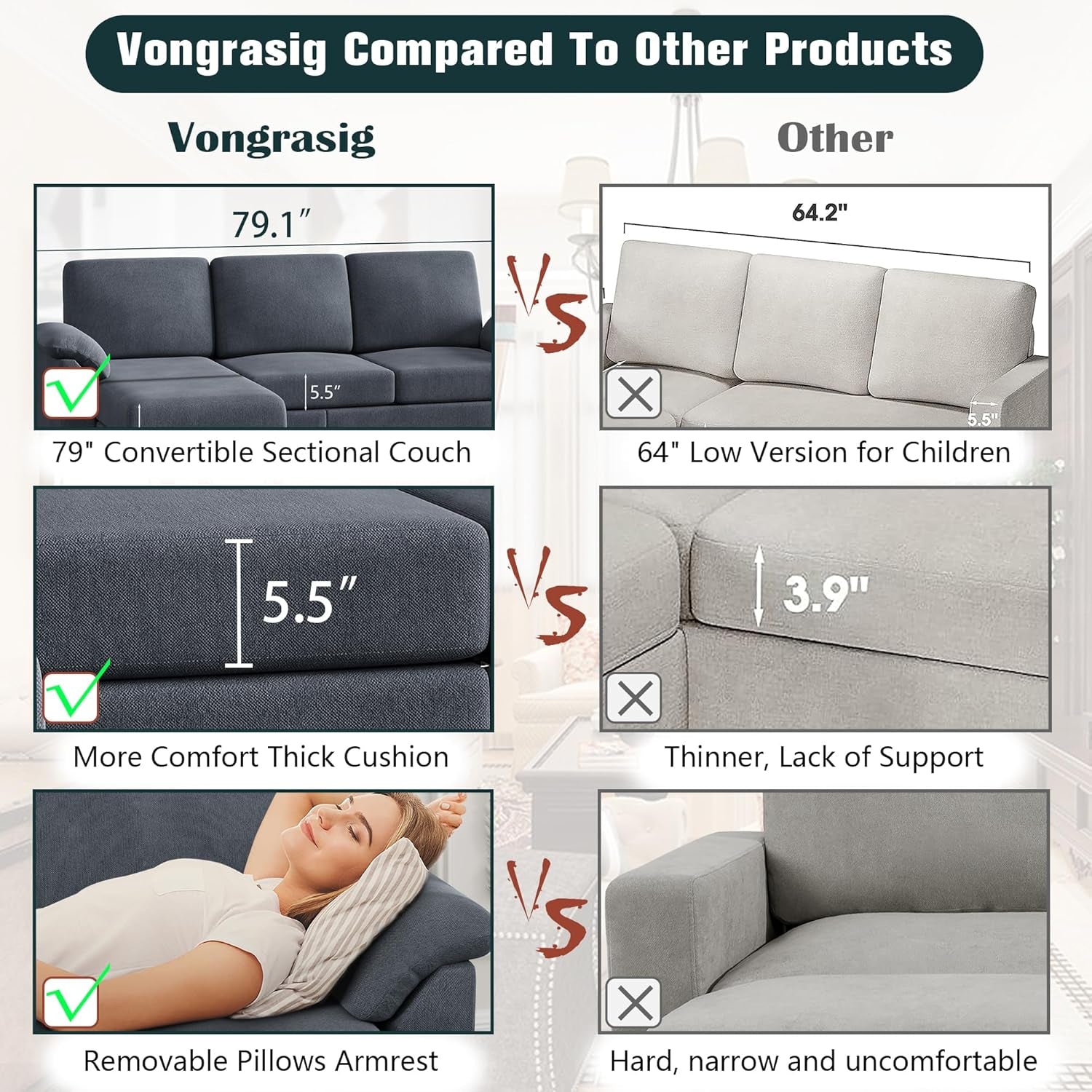 Modern Gray Linen Sectional Sofa For Living Room Set