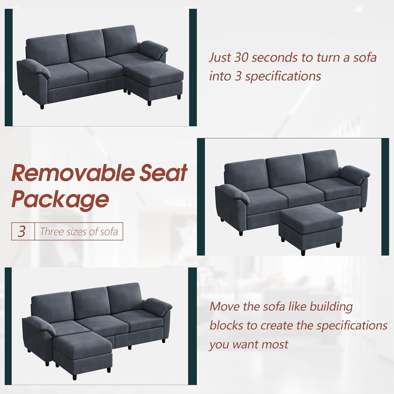 Modern Gray Linen Sectional Sofa For Living Room Set