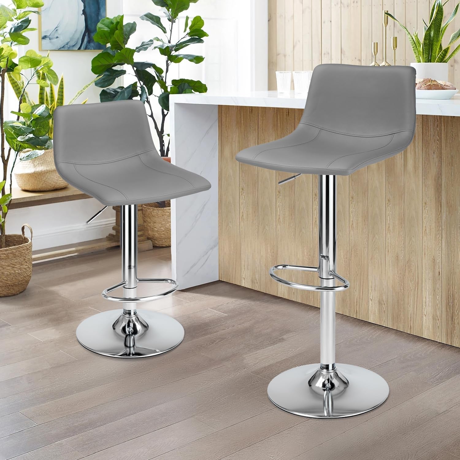 Modern Grey PU Leather Swivel Bar Stools Set