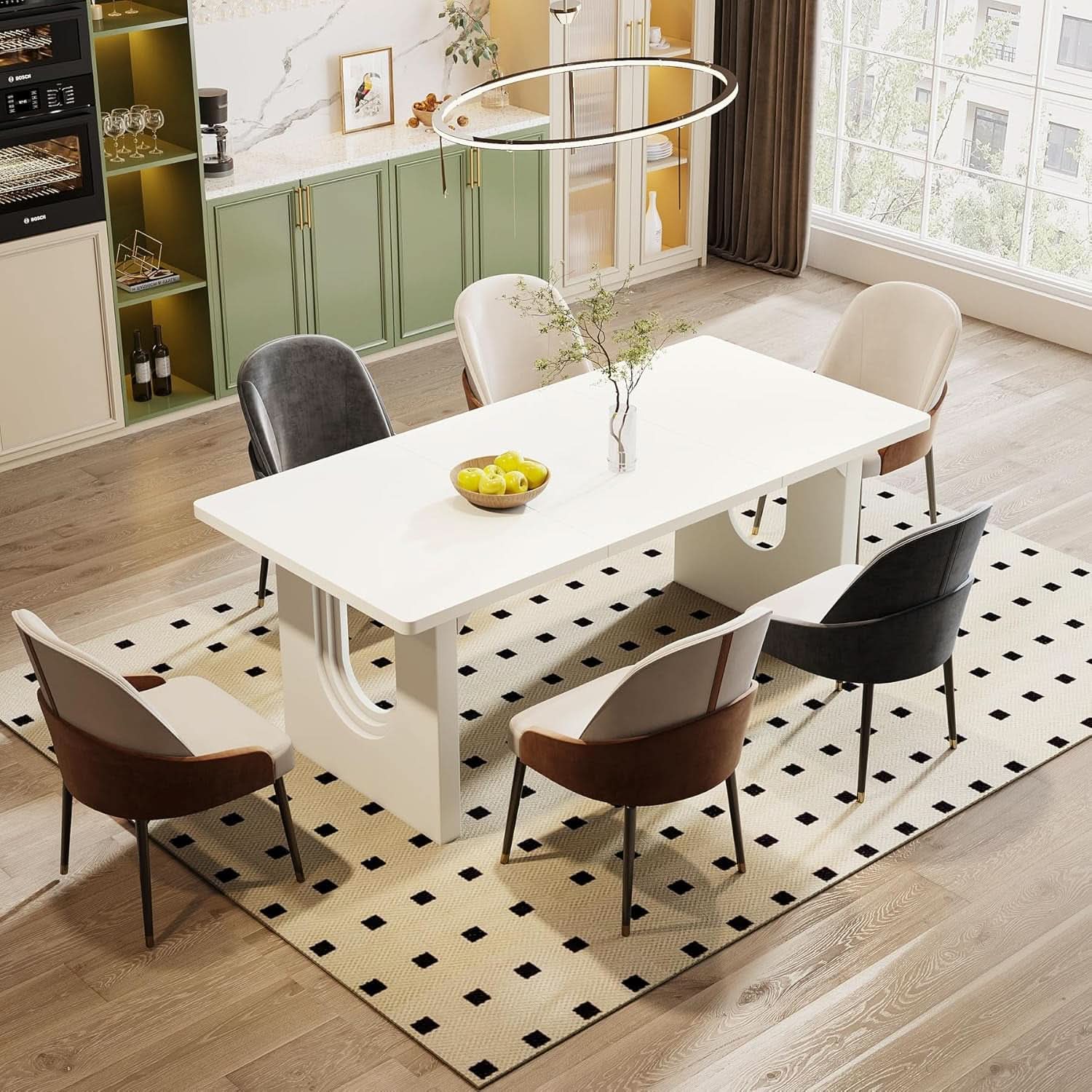 Modern White Dining Table 71 Inch With Wood Pedestal Base