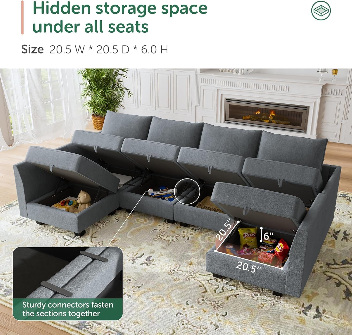 Modular U Shaped Sectional Sofa Bluish Grey With Storage