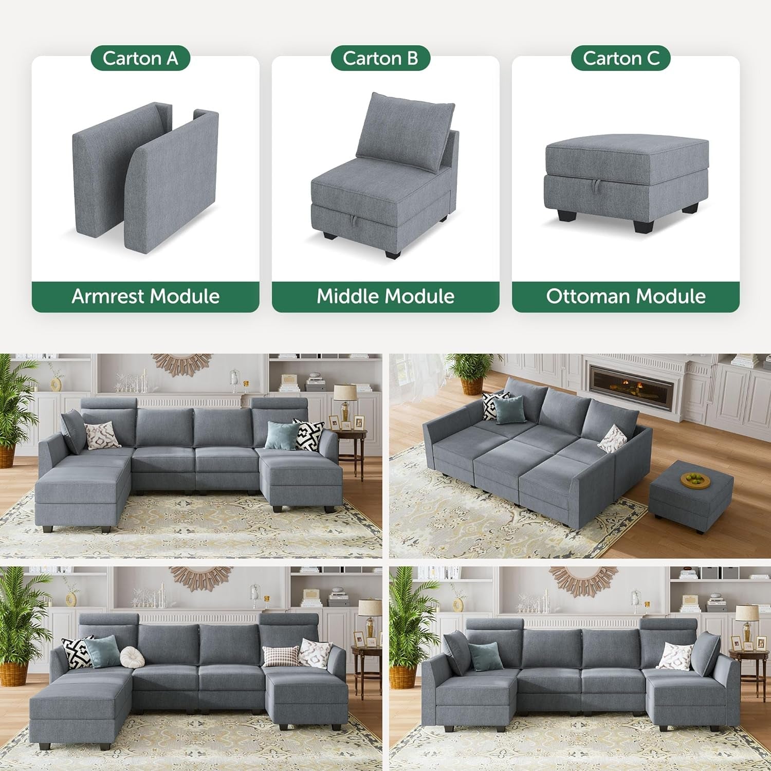 Modular U Shaped Sectional Sofa Bluish Grey With Storage