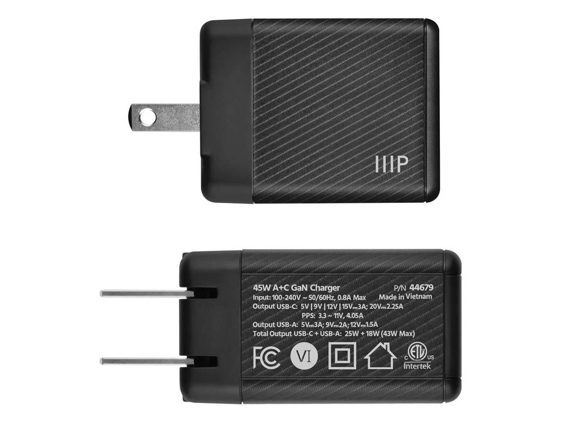 Monoprice 45W GaN Dual USB-C Charger Compact Fast Charging
