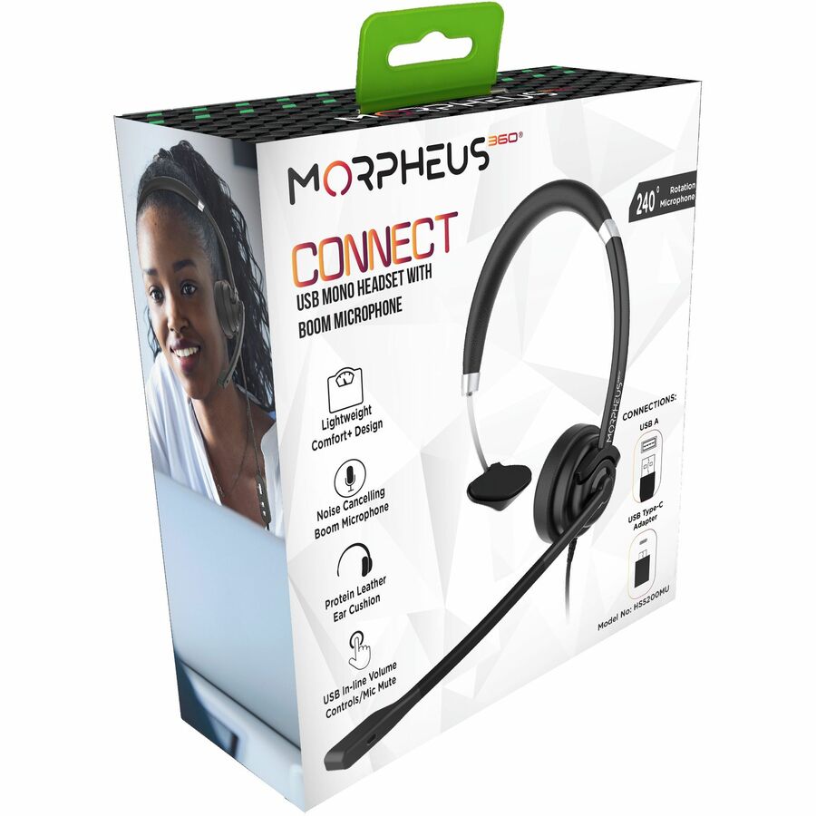 Morpheus 360 Connect USB Mono Headset with Boom Microphone - Noise Cancelling -