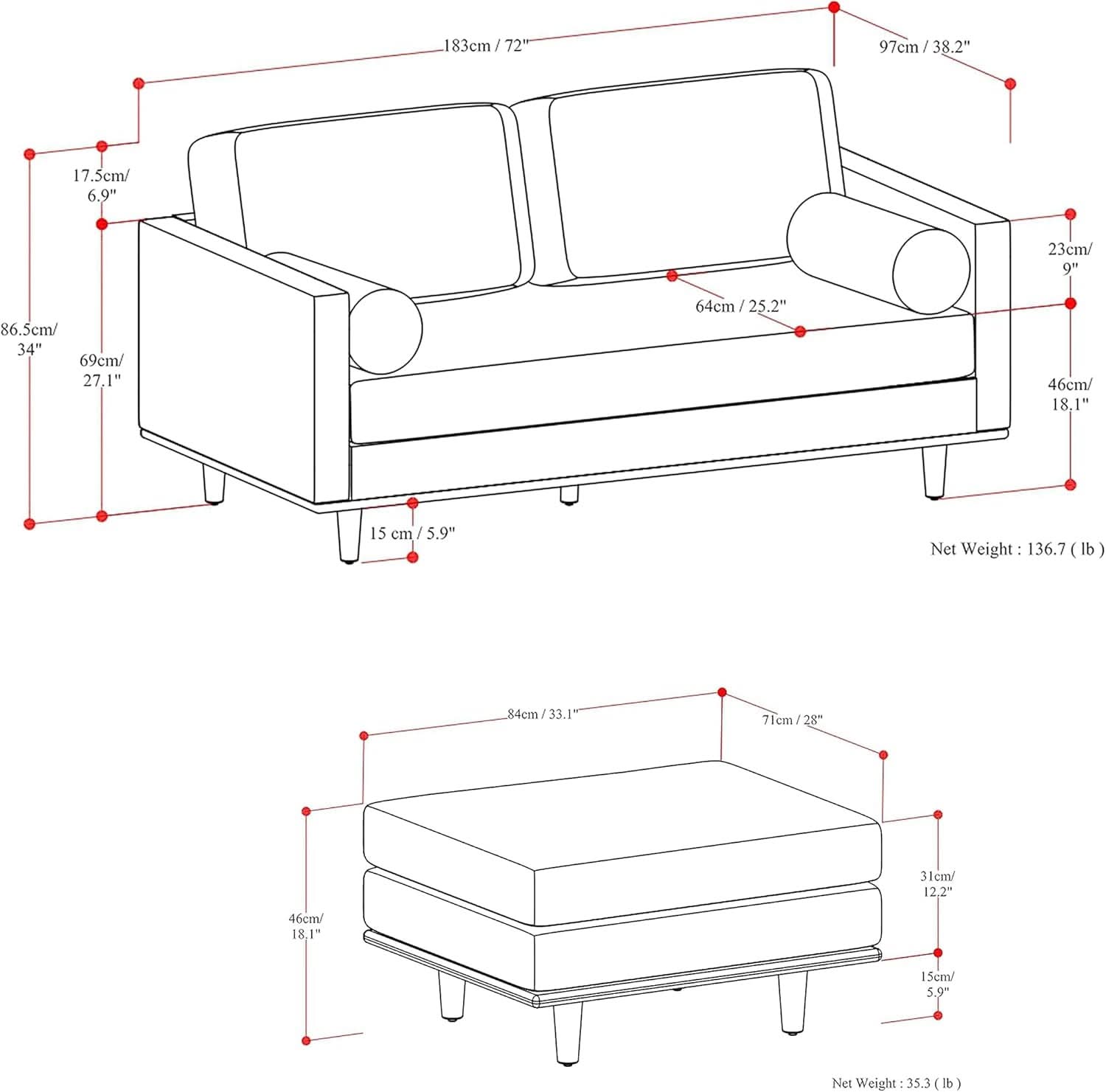 Morrison Sofa With Ottoman Set 72 Inch Wide Genuine Leather
