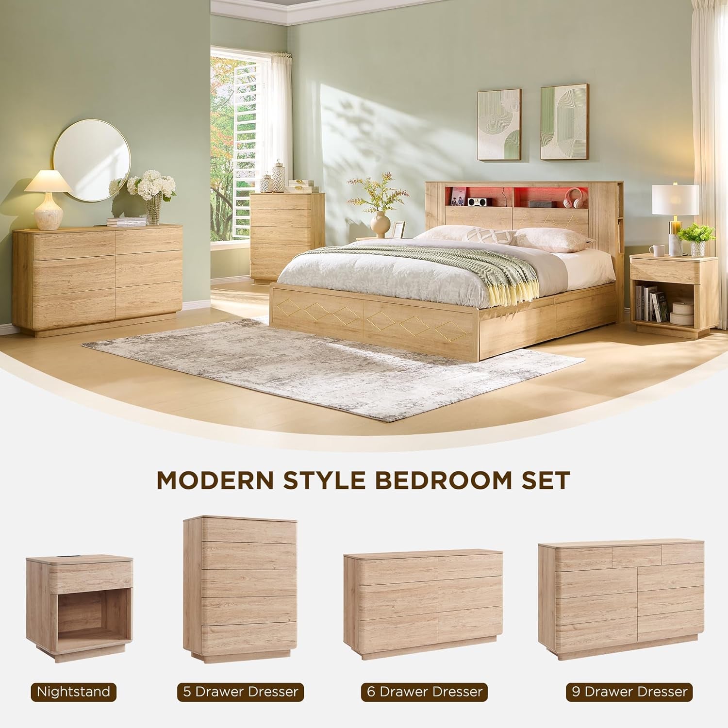 Natural Oak 52 Inch Wide Dresser For Bedroom Storage