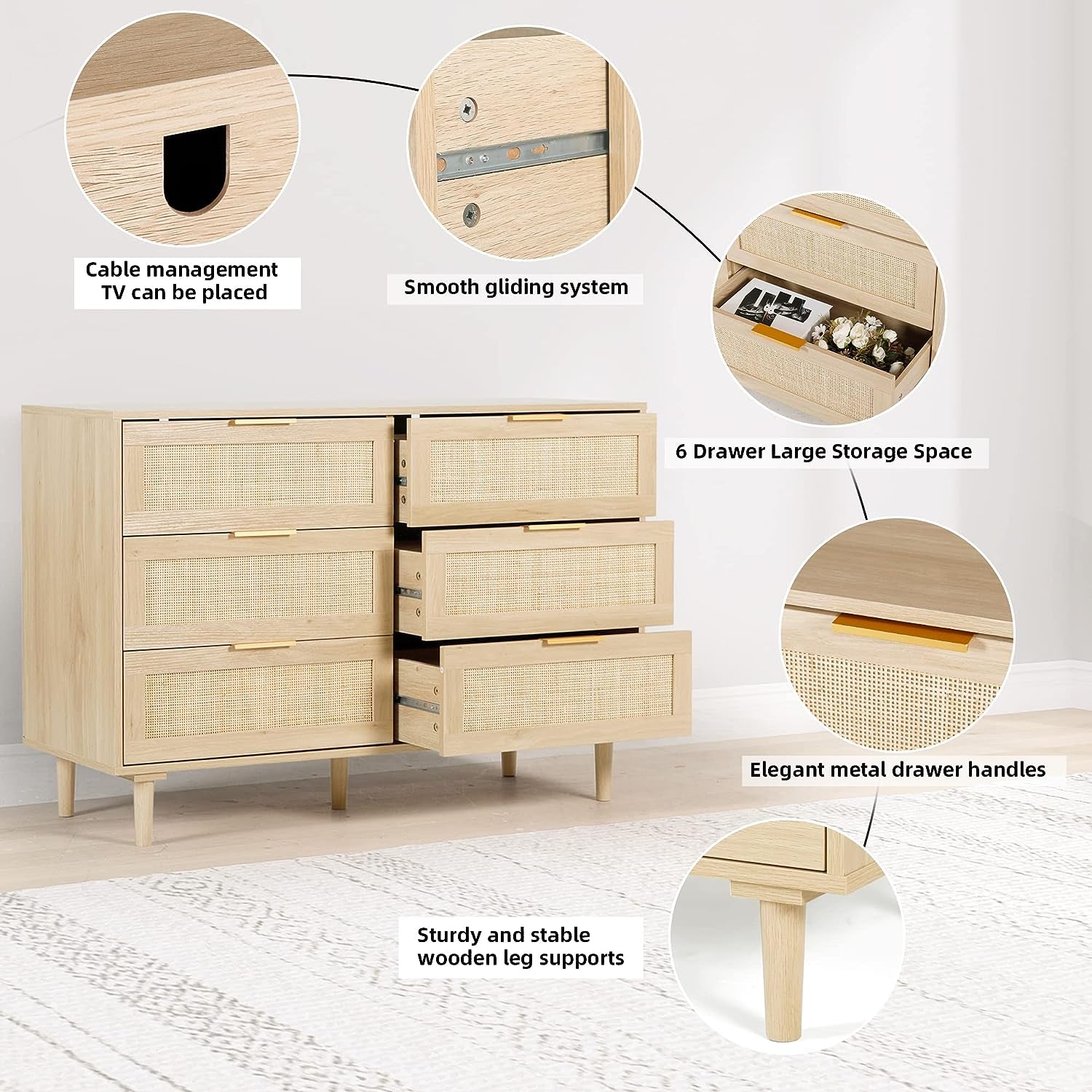 Natural Rattan 6 Drawer Dresser For Bedroom Storage