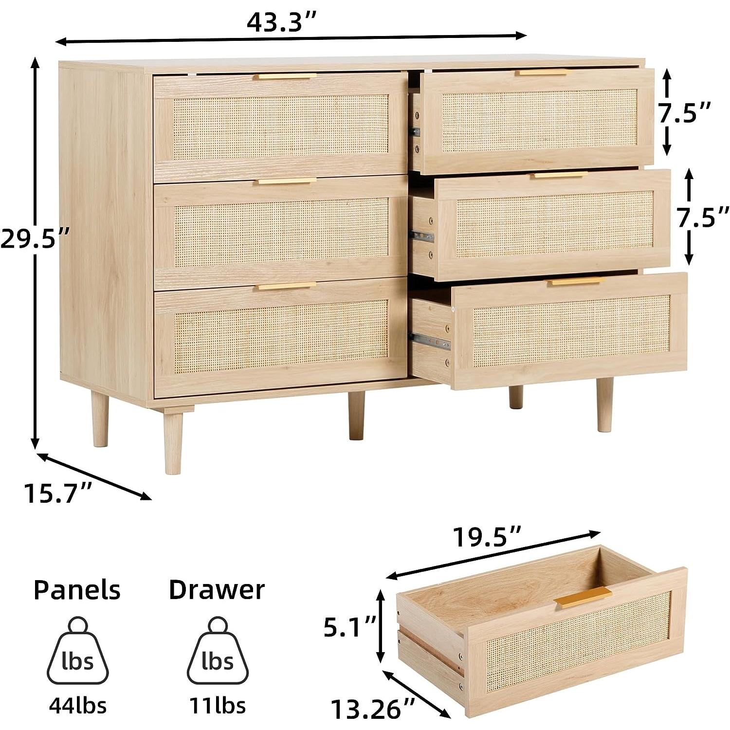 Natural Rattan 6 Drawer Dresser For Bedroom Storage