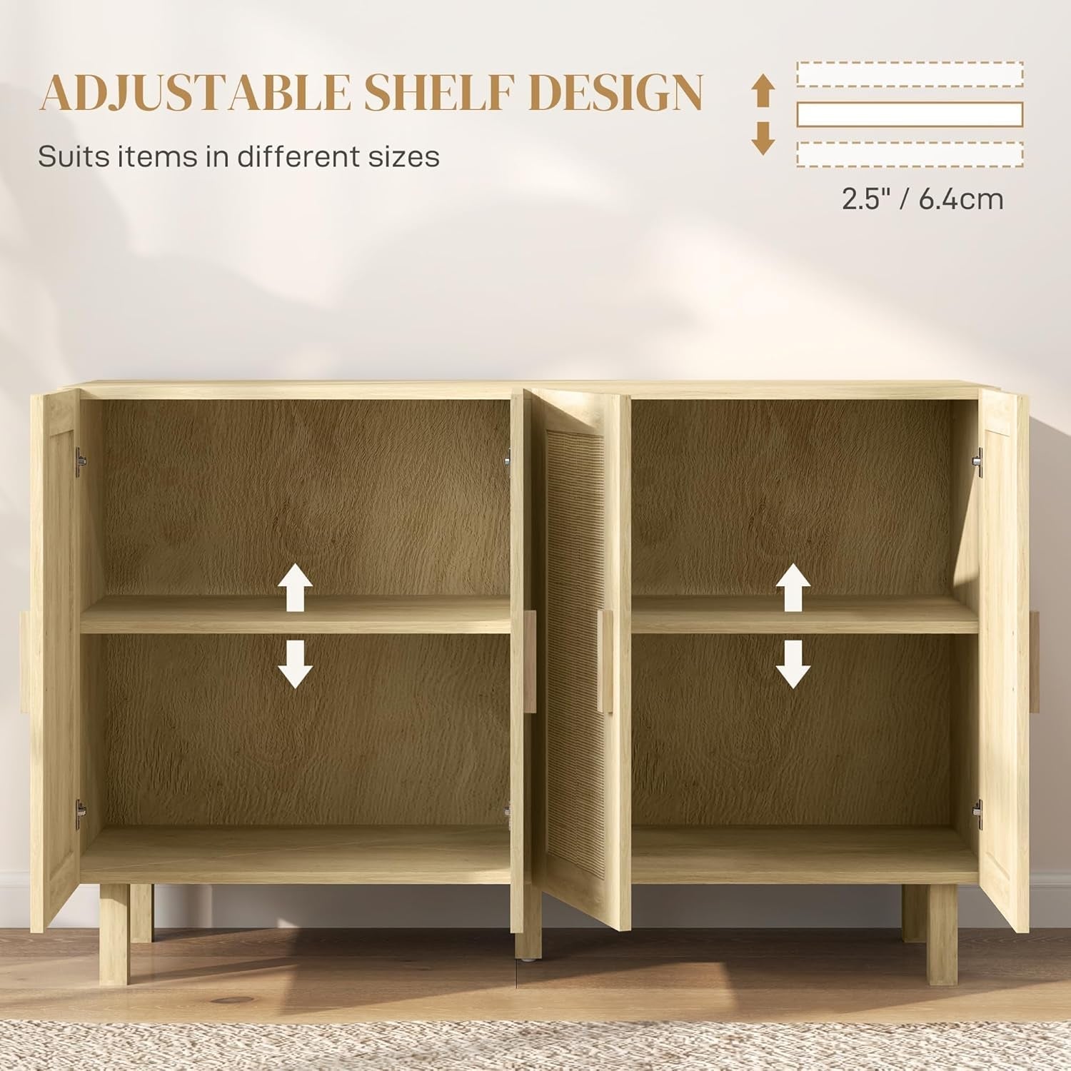 Natural Rattan Sideboard Cabinet With 4 Doors And Adjustable Shelves