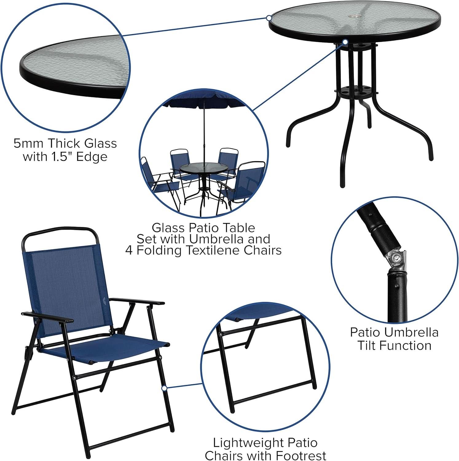 Navy 6 Piece Patio Garden Set With Table Umbrella Chairs