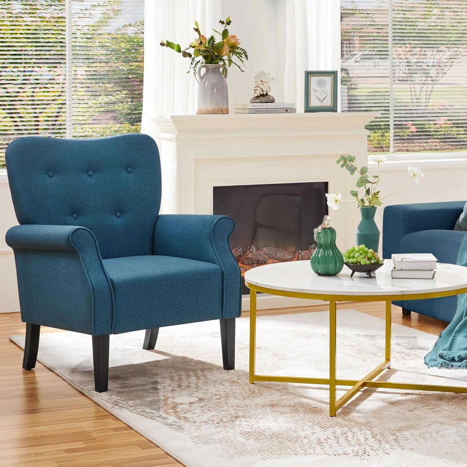 Navy Blue Compact Midcentury Armchair Tufted Backrest
