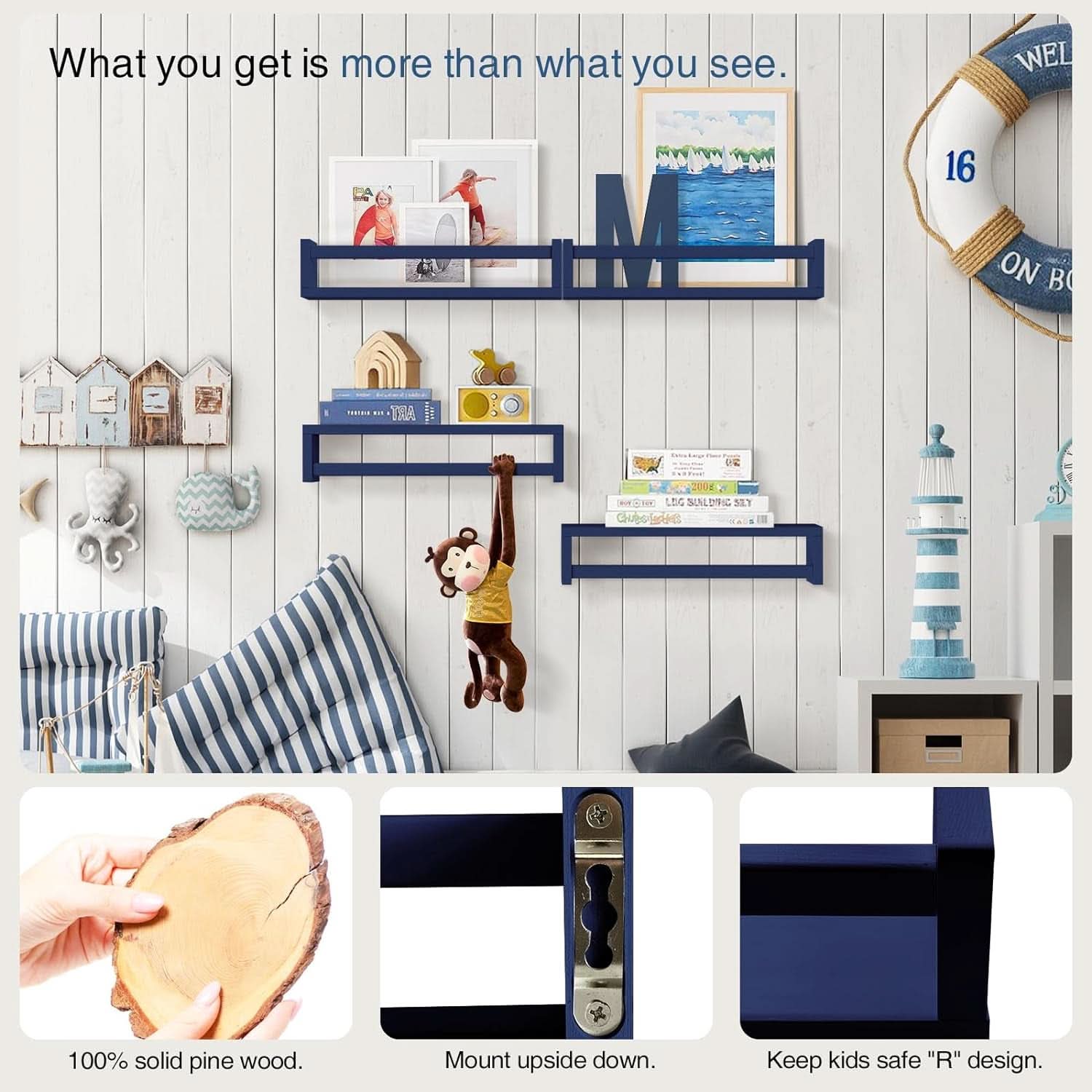 Navy Blue Floating Book Shelves Set of 4 Wall Mounted