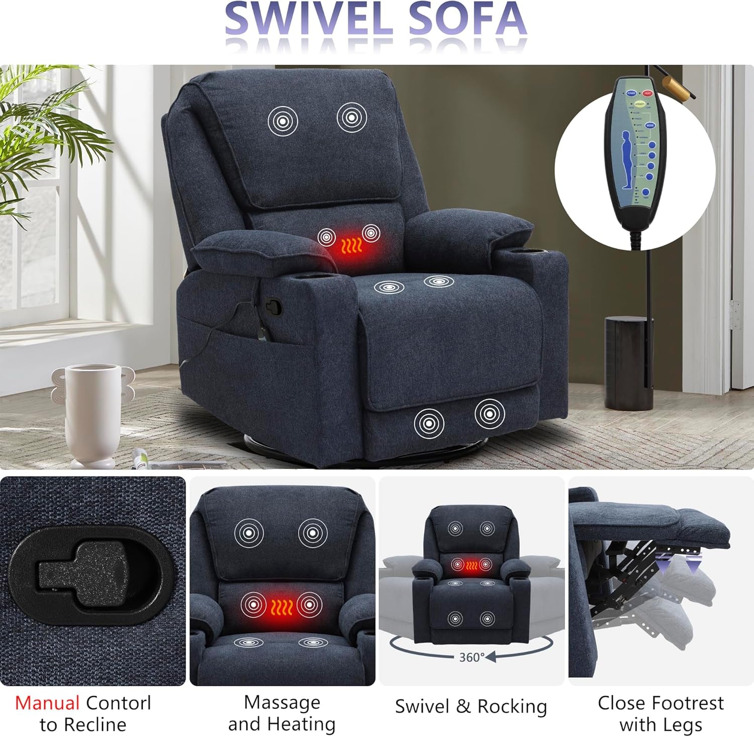 Navy Blue Reclining Living Room Set With Loveseat And Swivel Chair Cup Holders