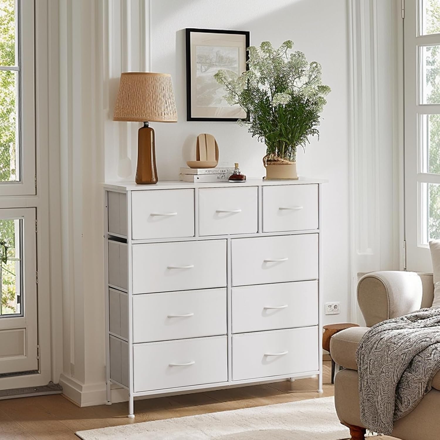 Nine Drawer Fabric Dresser With Steel Frame And Walnut Top