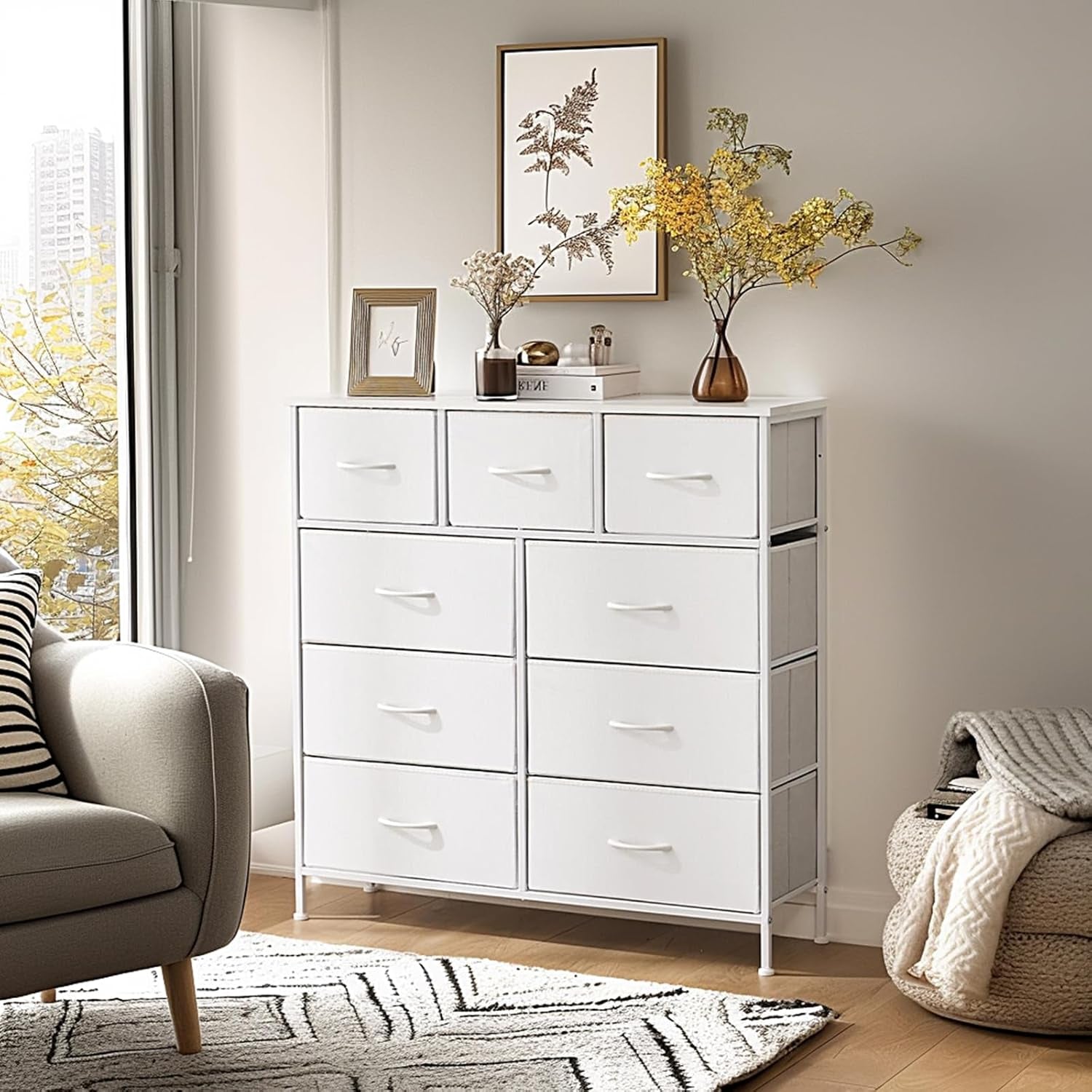Nine Drawer Fabric Dresser With Steel Frame And Walnut Top