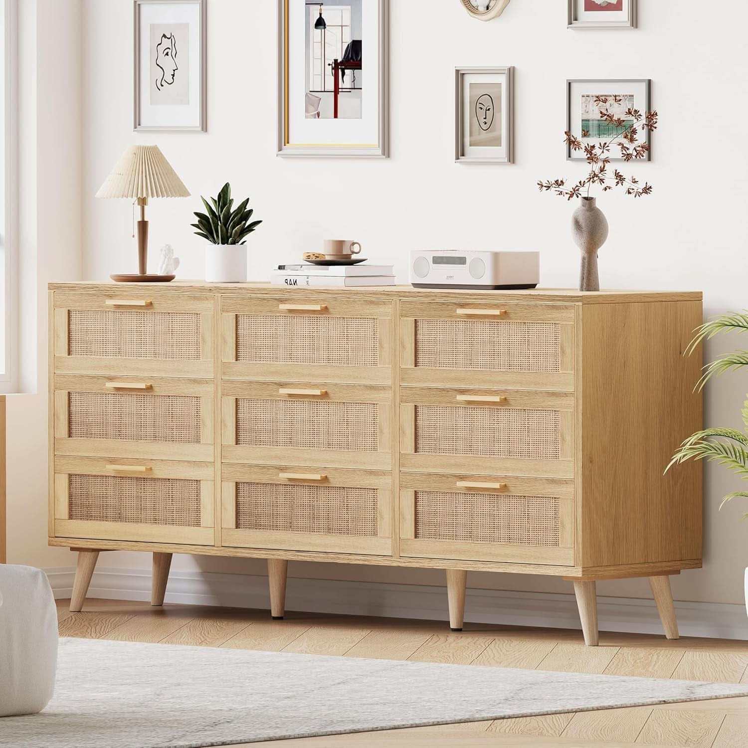 Nine Drawer Rattan Dresser Featuring Golden Handles