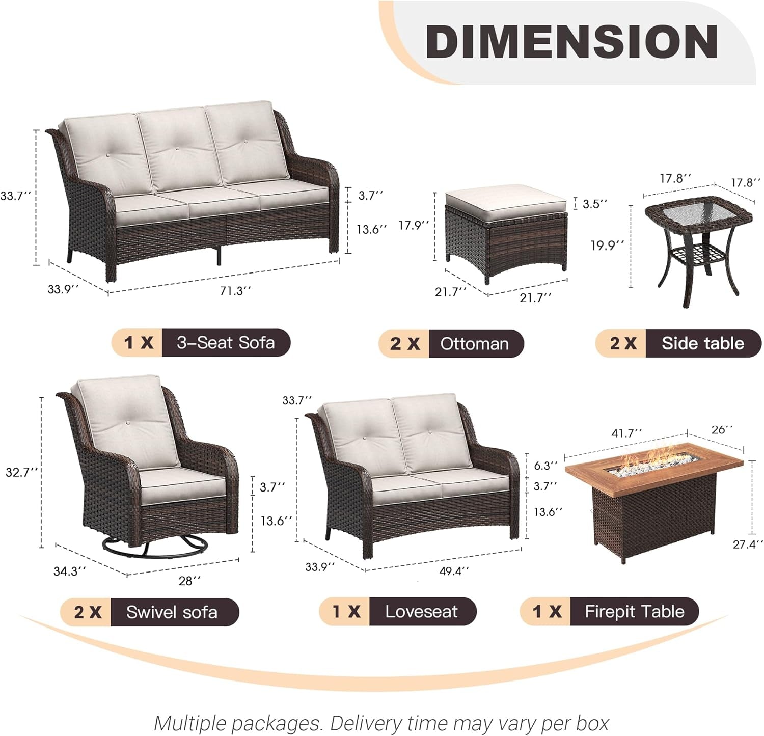 Nine Piece Outdoor Patio Wicker Furniture Set with Fire Table
