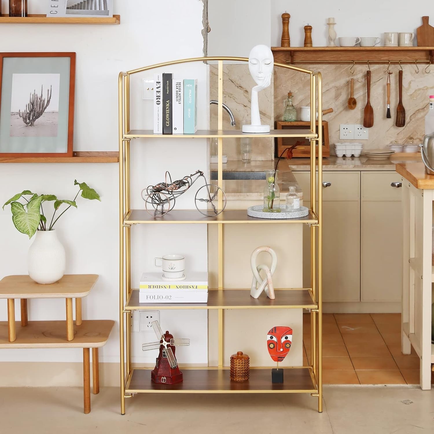 No Assembly Foldable Bookshelf 4 Tier Gold Bookcase