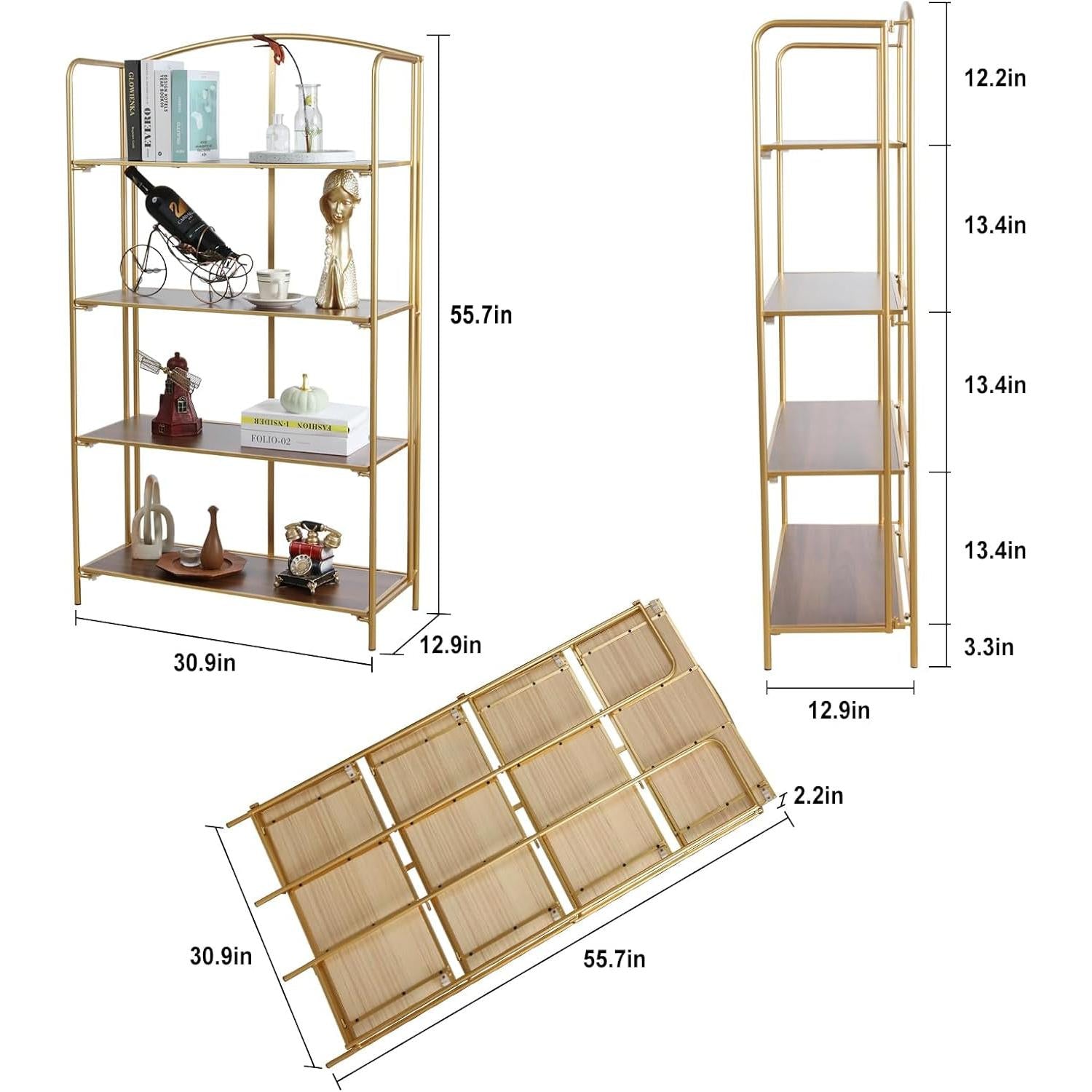 No Assembly Foldable Bookshelf 4 Tier Gold Bookcase
