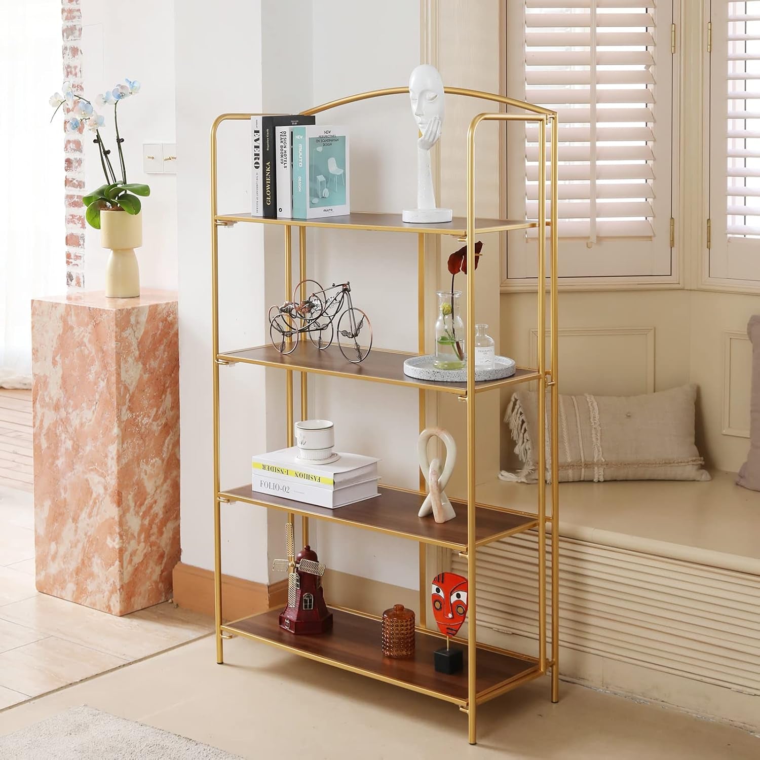 No Assembly Foldable Bookshelf 4 Tier Gold Bookcase