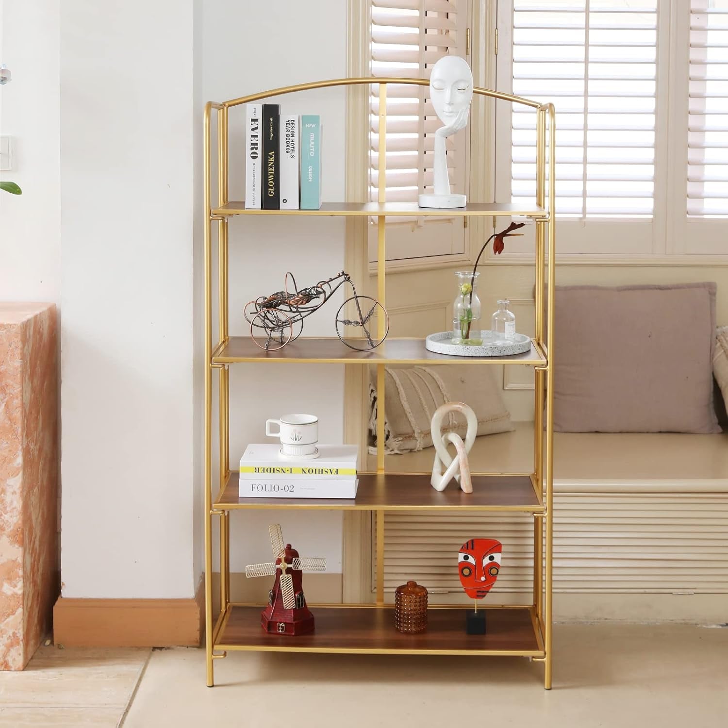 No Assembly Foldable Bookshelf 4 Tier Gold Bookcase