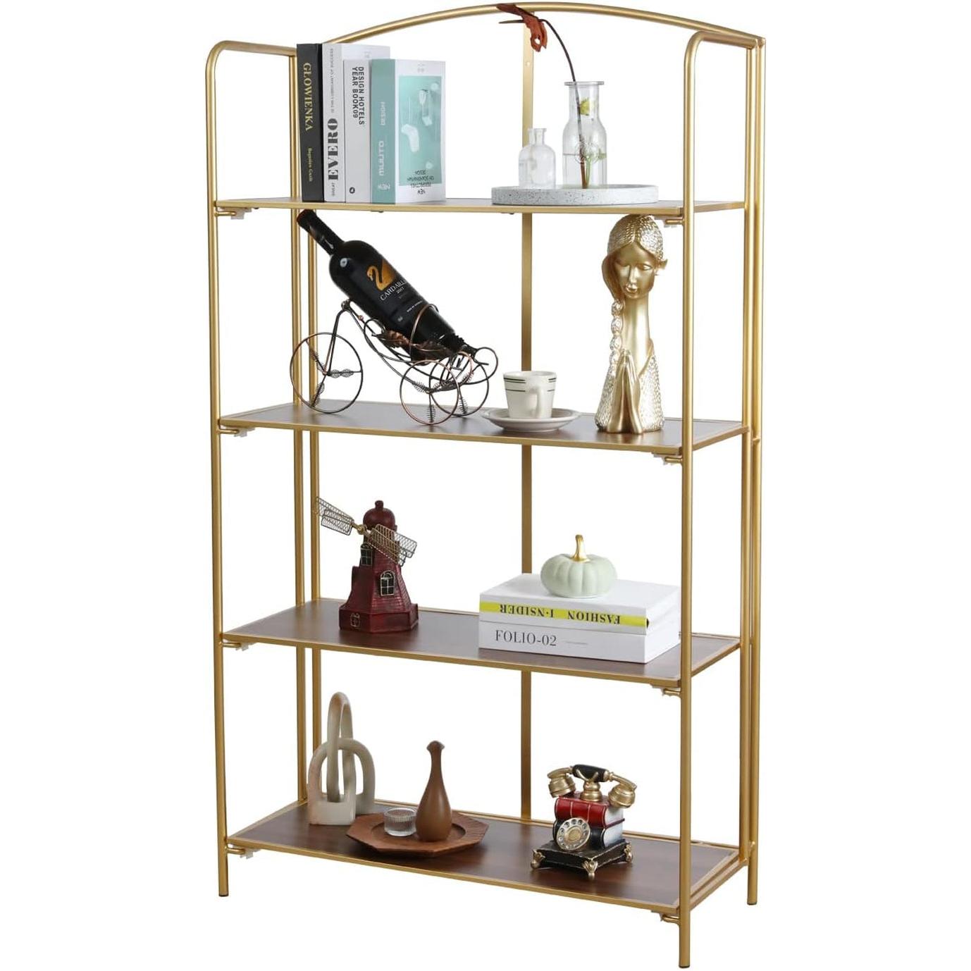 No Assembly Foldable Bookshelf 4 Tier Gold Bookcase