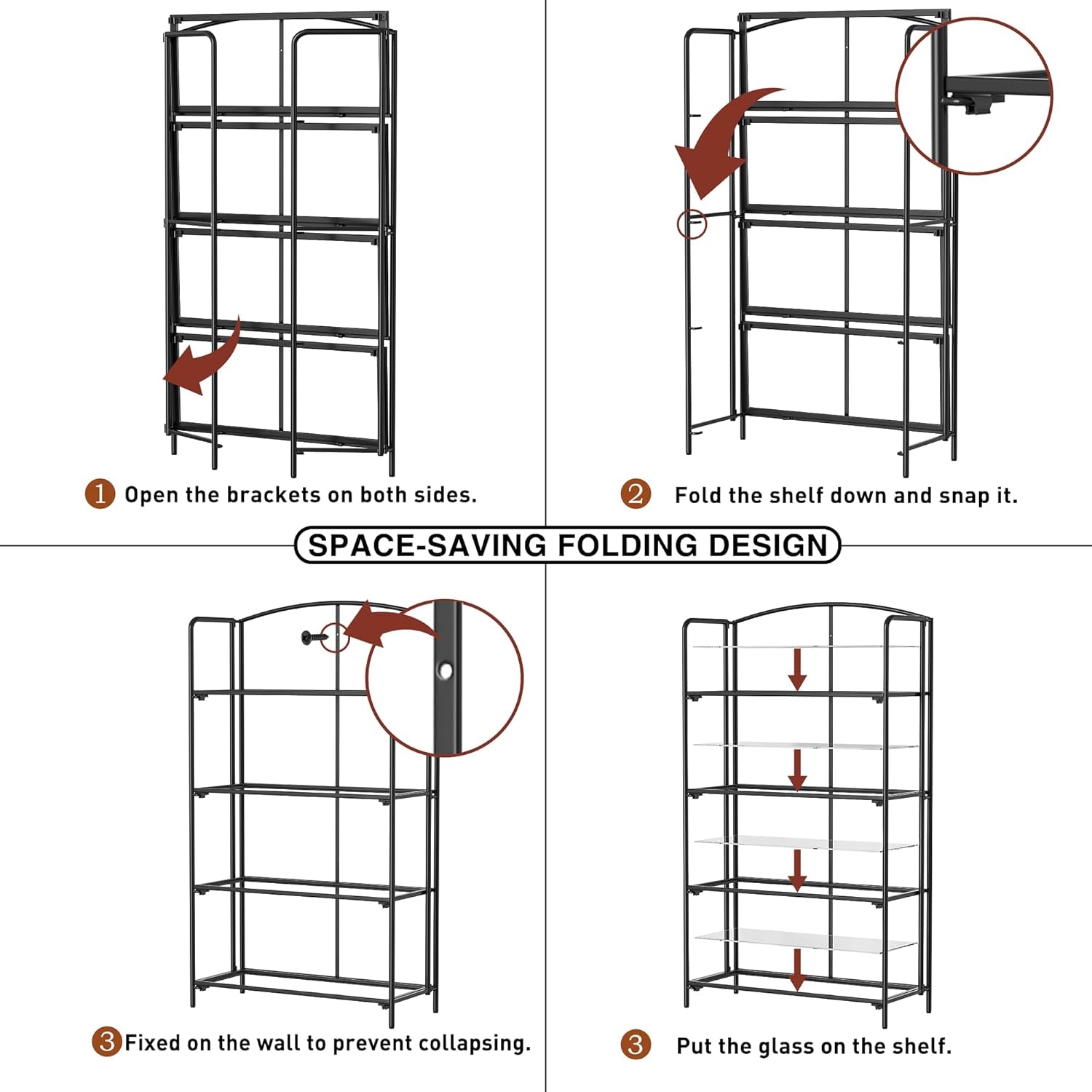 No Assembly Folding Bookshelf 4 Tier Black For Living Room