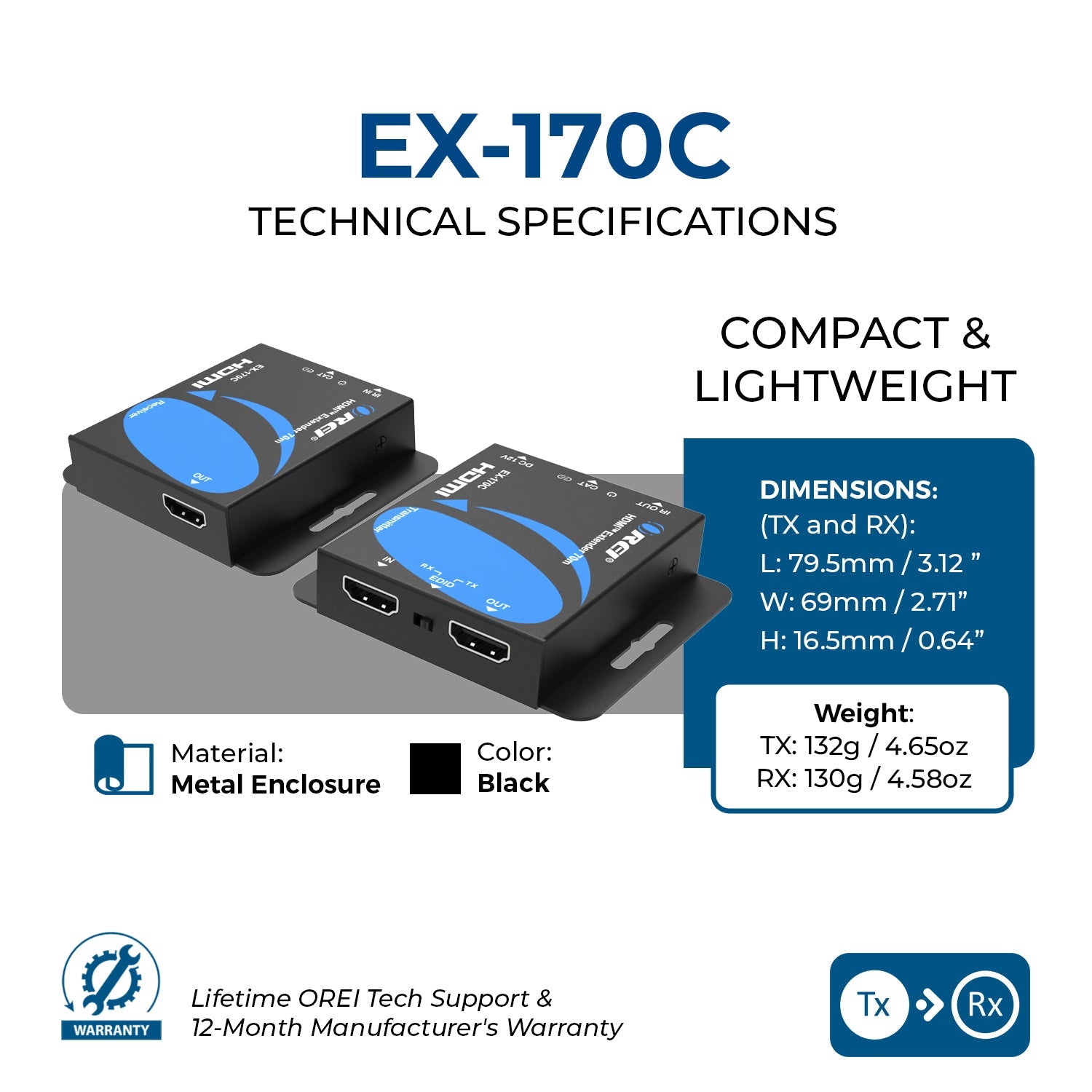 OREI 4K@30Hz 4:2:0 HDMI Extender Over Cat6/7 Ethernet LAN Cable – Up to 170 ft (51m) – IR Signal (EX-170C)