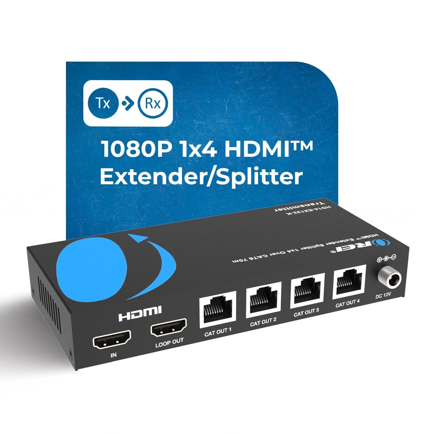 OREI HD14-EX132-K 1x4 HDMI Extender Splitter Over Single Cable CAT6/7 1080P With IR Remote EDID Management - Up To 132 Ft - Loop Out - Low Latency