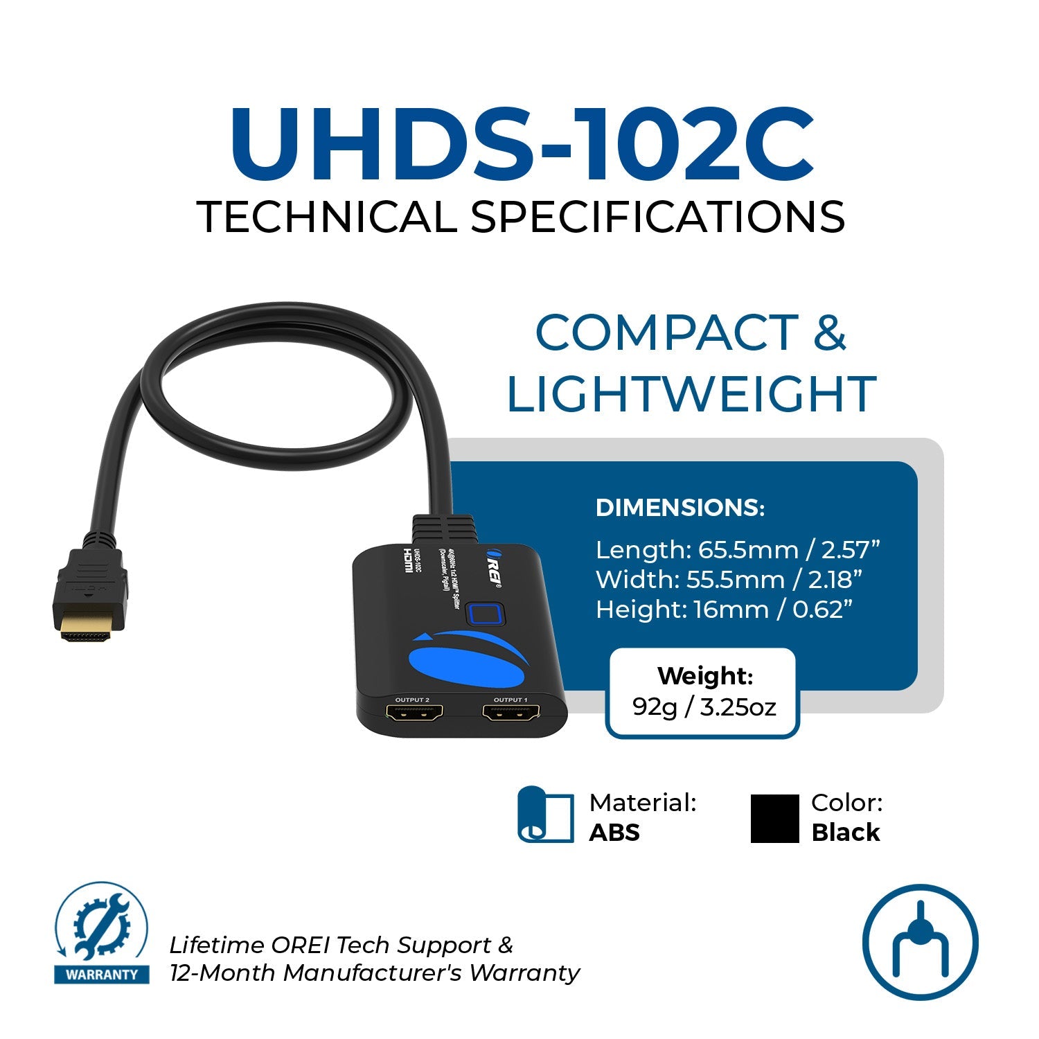 OREI HDMI Splitter 1 in 2 out with Downscaler, 3D, upto 4k@60Hz (UHDS-102C)
