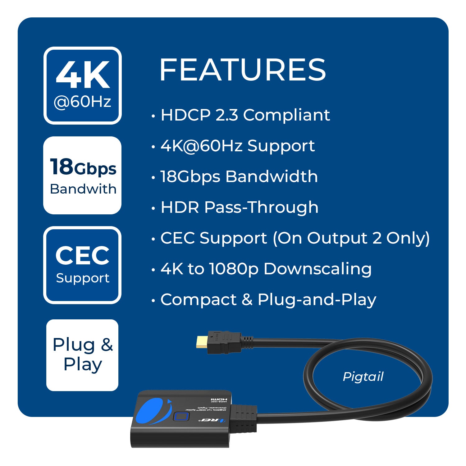 OREI HDMI Splitter 1 in 2 out with Downscaler, 3D, upto 4k@60Hz (UHDS-102C)