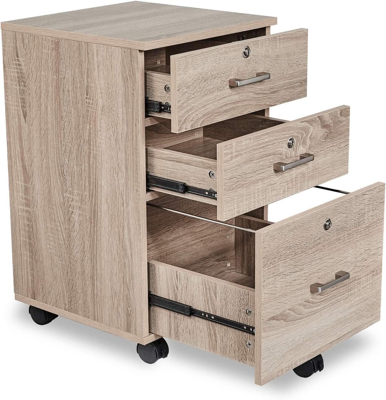 Oak 26 Inch High 3 Drawer File Cabinet With Lock For Letter Size Files And Mobile Under Desk